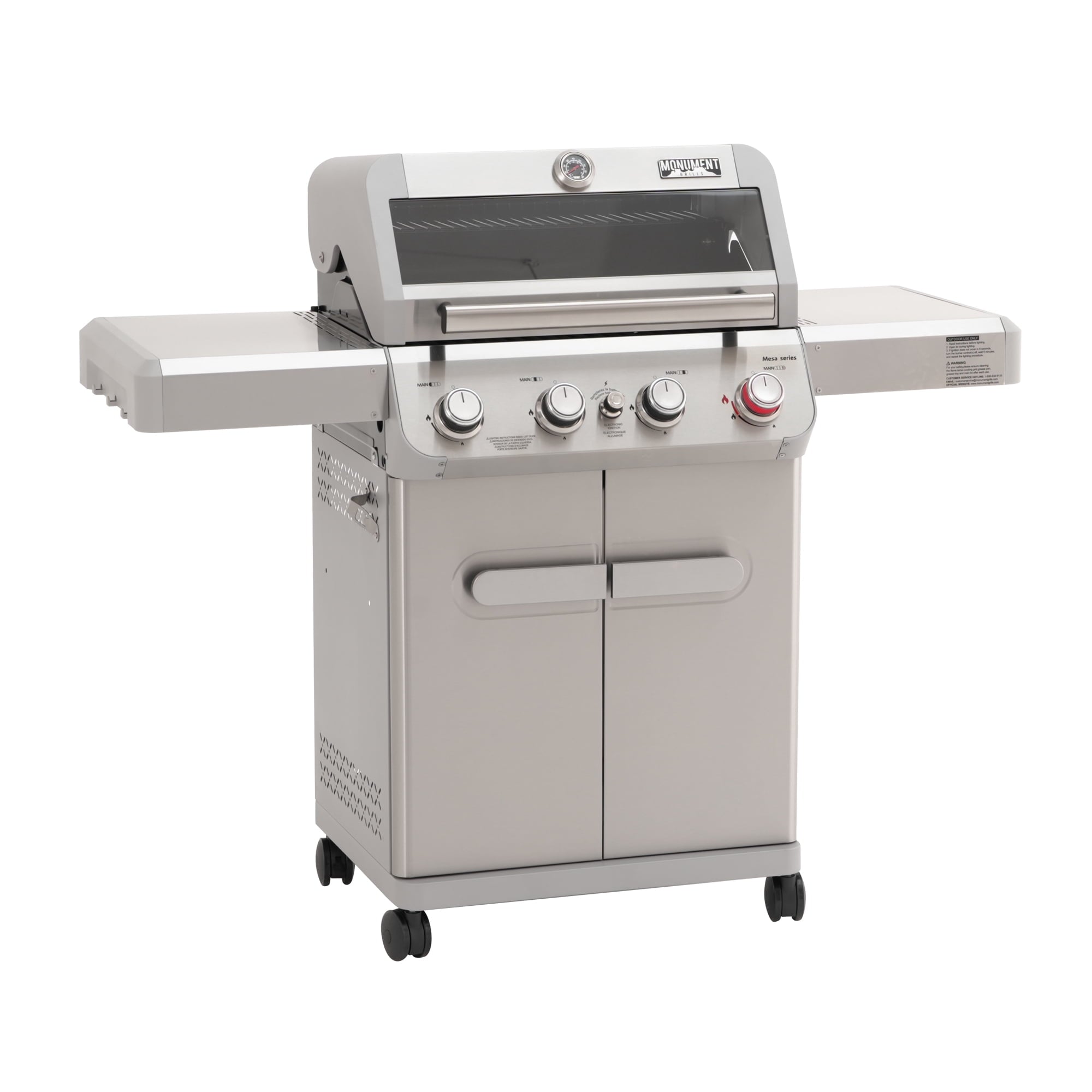 Monument Grills 4 Burner Stainless Propane Gas Grill with Viewing Window, Two Foldable Shelves ,Gas Tank Hook & Bottle , Easy Clean-up, M410MBZ Monument Grills