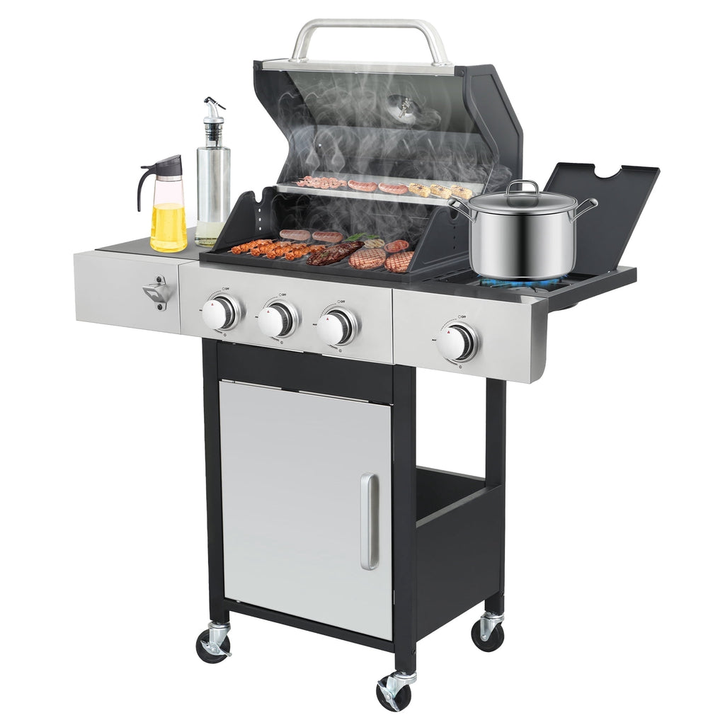 Nice Cooker 3-Burner Propane Gas Grill with Side Burner, Cast Iron Grates, Double Layer Lid Gas Grills