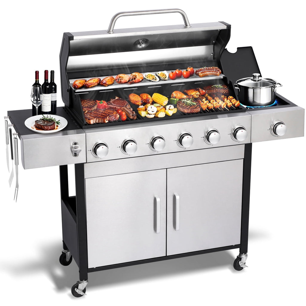 Nice Cooker 6-Burner Propane Gas BBQ Grill with Side Burner - 65850 BTU Total Output Stainless Steel Grills with Enameled Cast Iron Grill for Outdoor Backyard Barbecue, 620 SQ. IN. Cooking Area Nice Coker
