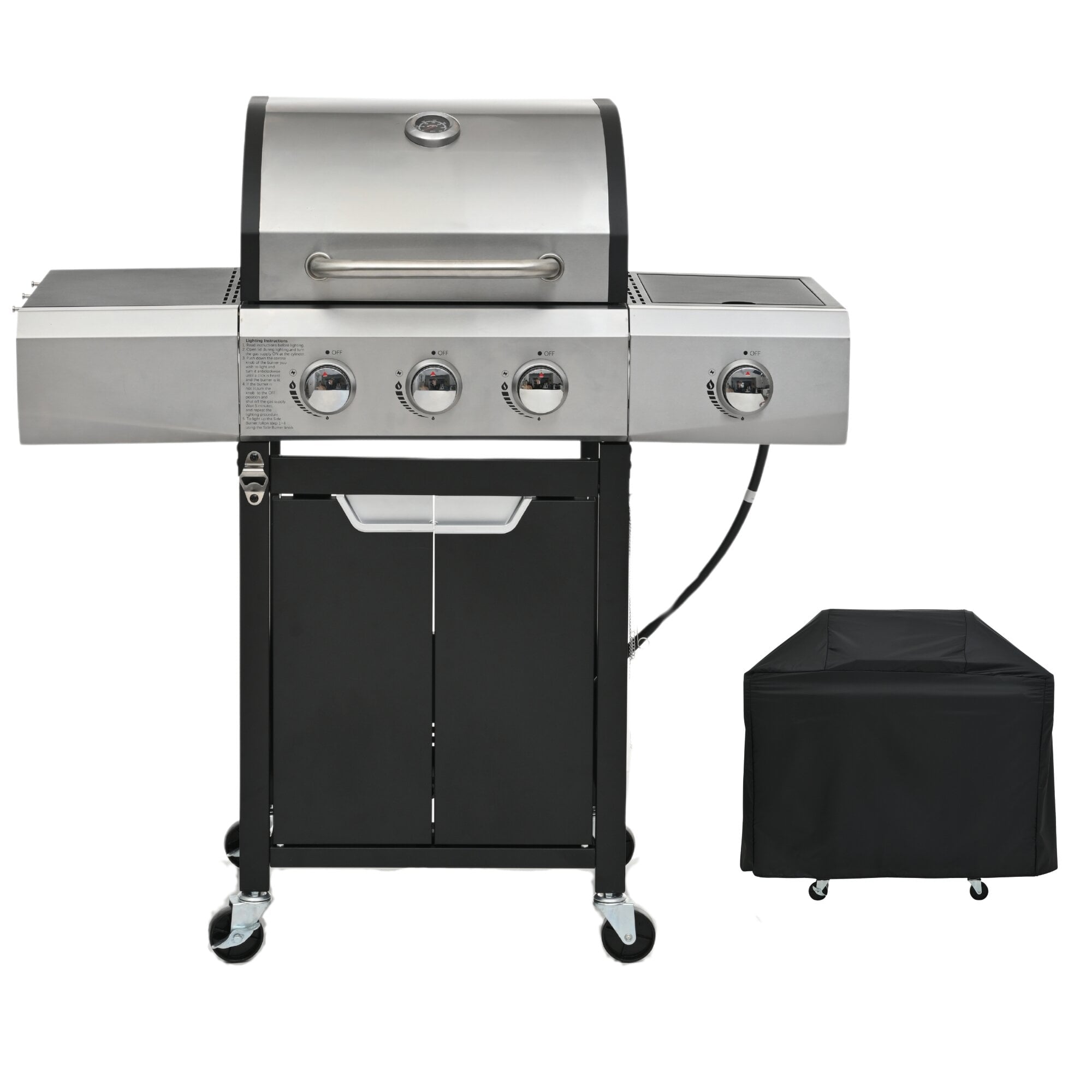 Outdoor Grill, Propane Grill 3 Burner Barbecue Grill Stainless Steel Gas Grill with Side Burner and Cover for Outdoor BBQ, Camping, Silver BBQ Grill,Stainless Steel Tabletop Grill Gas Grills