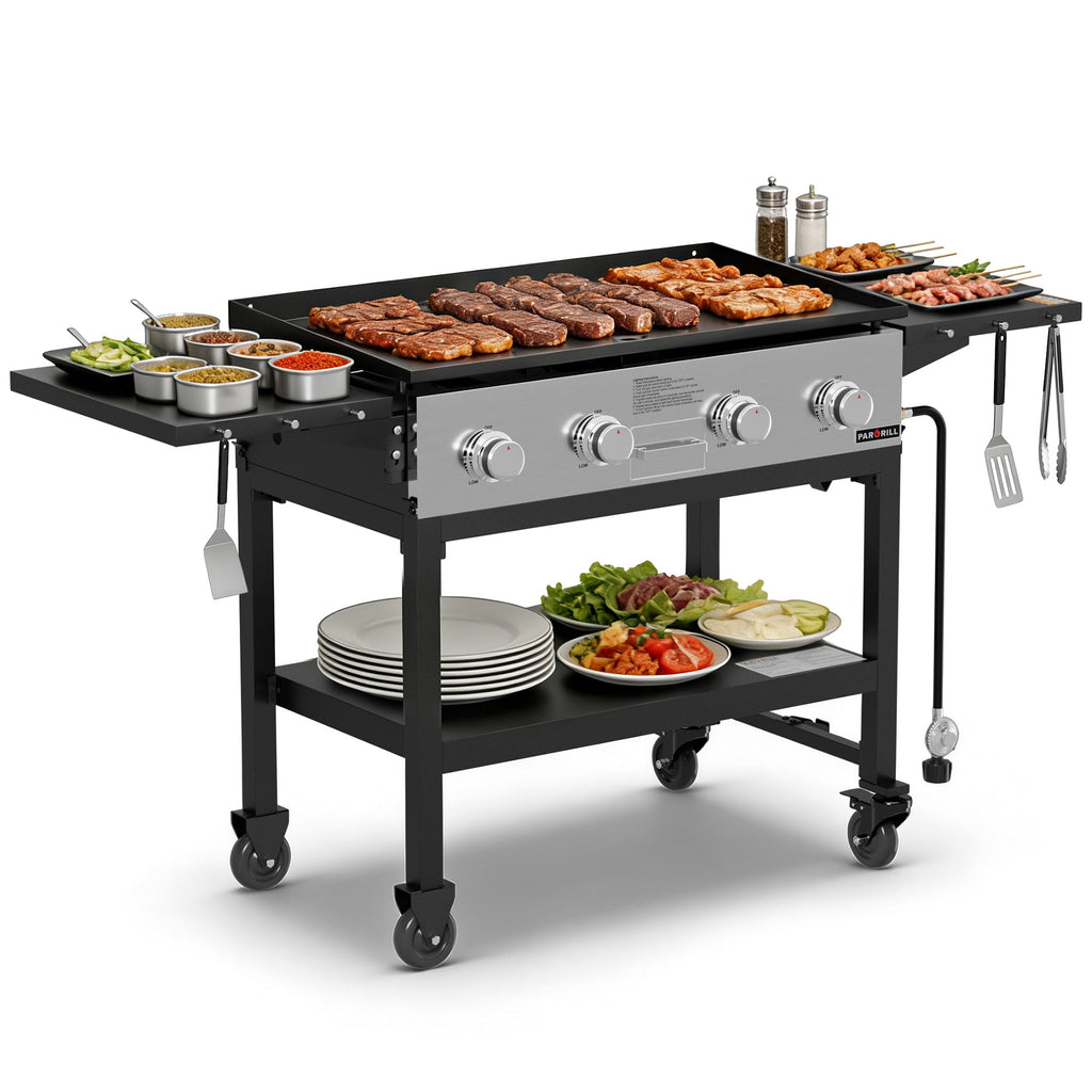 PARGRILL 36 Gas Griddle, 4 Independent Burners Propane Flat Top Grill with Side Tables, 60,000 BTU Outdoor Griddle Station with Wheels for Backyard BBQ PARGRILL