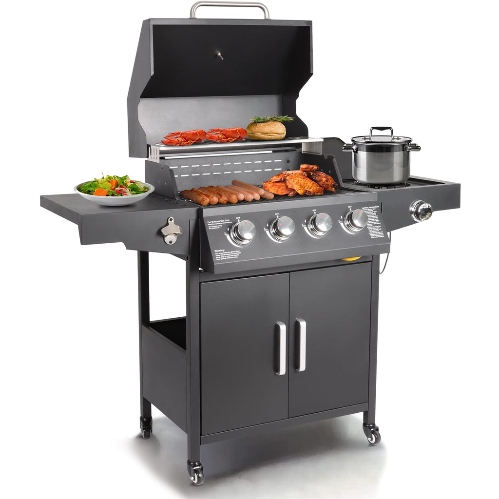 Polar Aurora Propane Gas Grill 4-Burners a Side Burner, Side Table, Steel Grill Cart for Garden Outdoor Cooking Picnic Polar Aurora