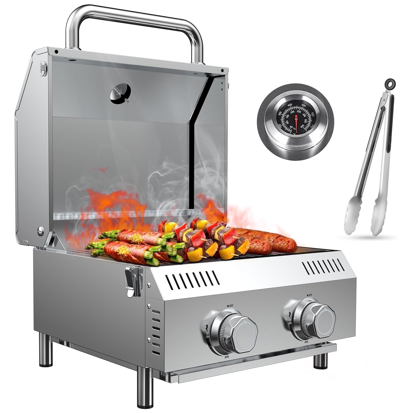 Frizi Portable 2-Burner Tabletop Propane Grill for Patio, 20,000 BTU, Stainless Steel, Camping & Tailgating Gas Grills