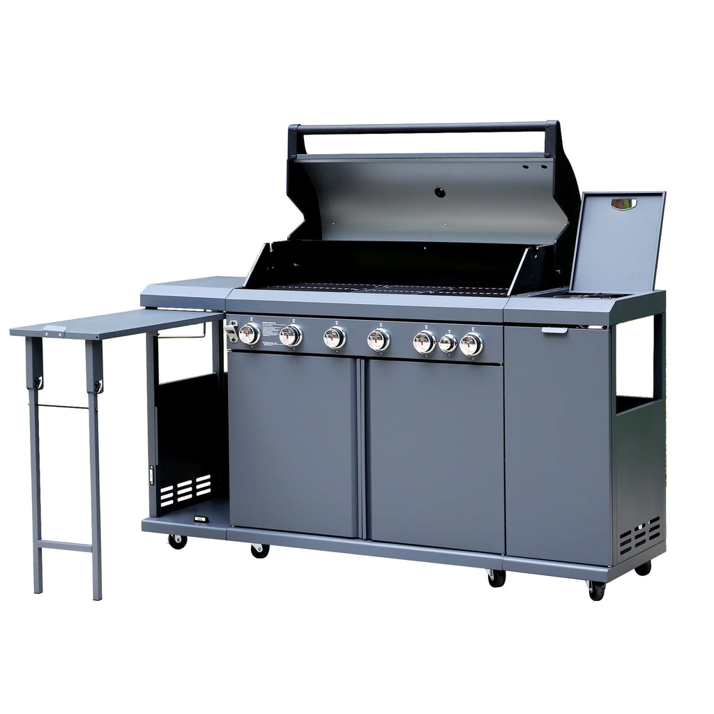 Brand Man 6-Burner Outdoor Gas Kitchen Grill Island with Side Burner, BBQ Station with Storage Cabinets and Fold-out Prep Table, LPG/NG Convertible Gas Grills