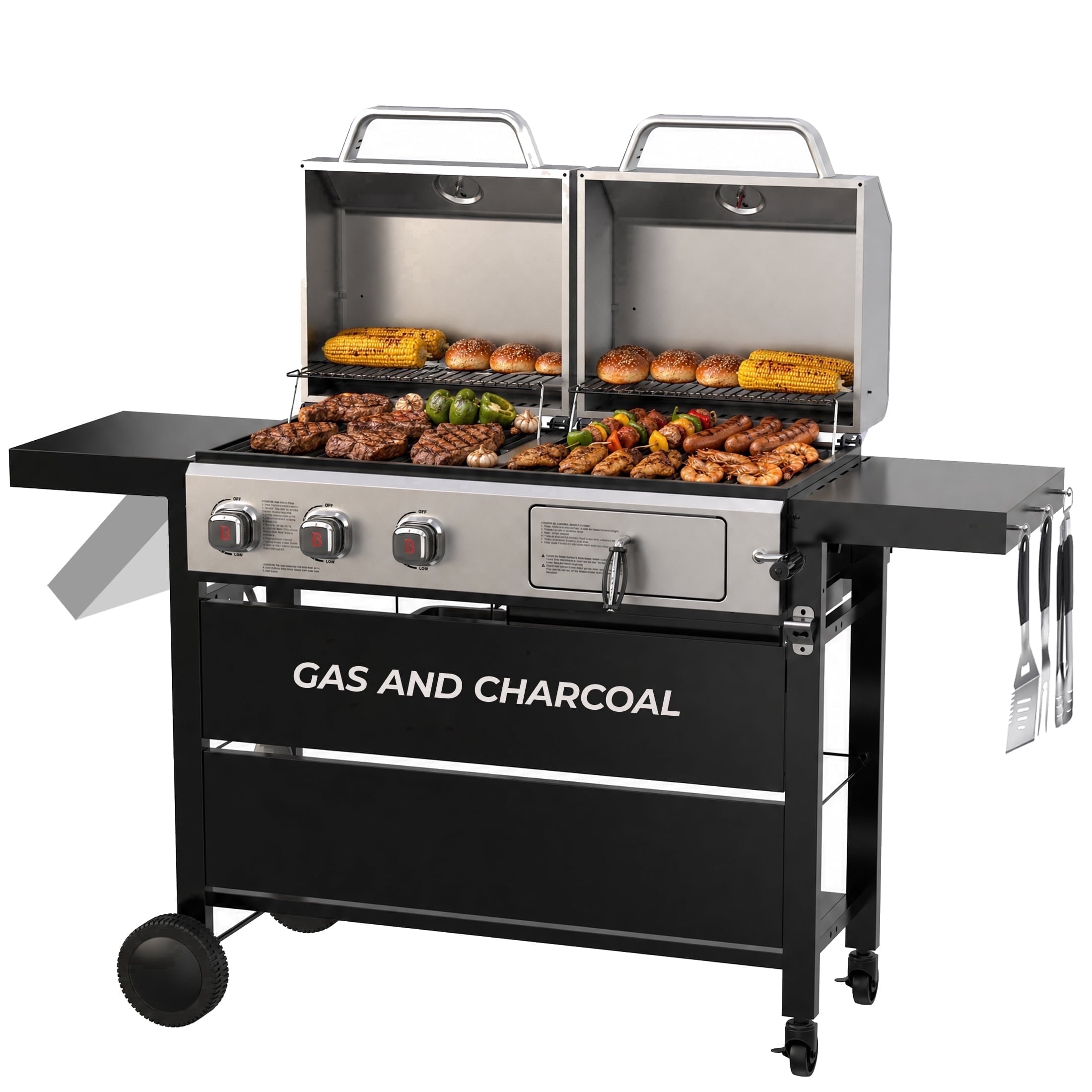 Propane Gas and Charcoal Grill Combo, Dual Fuel Outdoor BBQ Grill Stainless Steel Lids for Patio Garden Picnic Backyard Barbecue Cooking, Silver Gas Grills