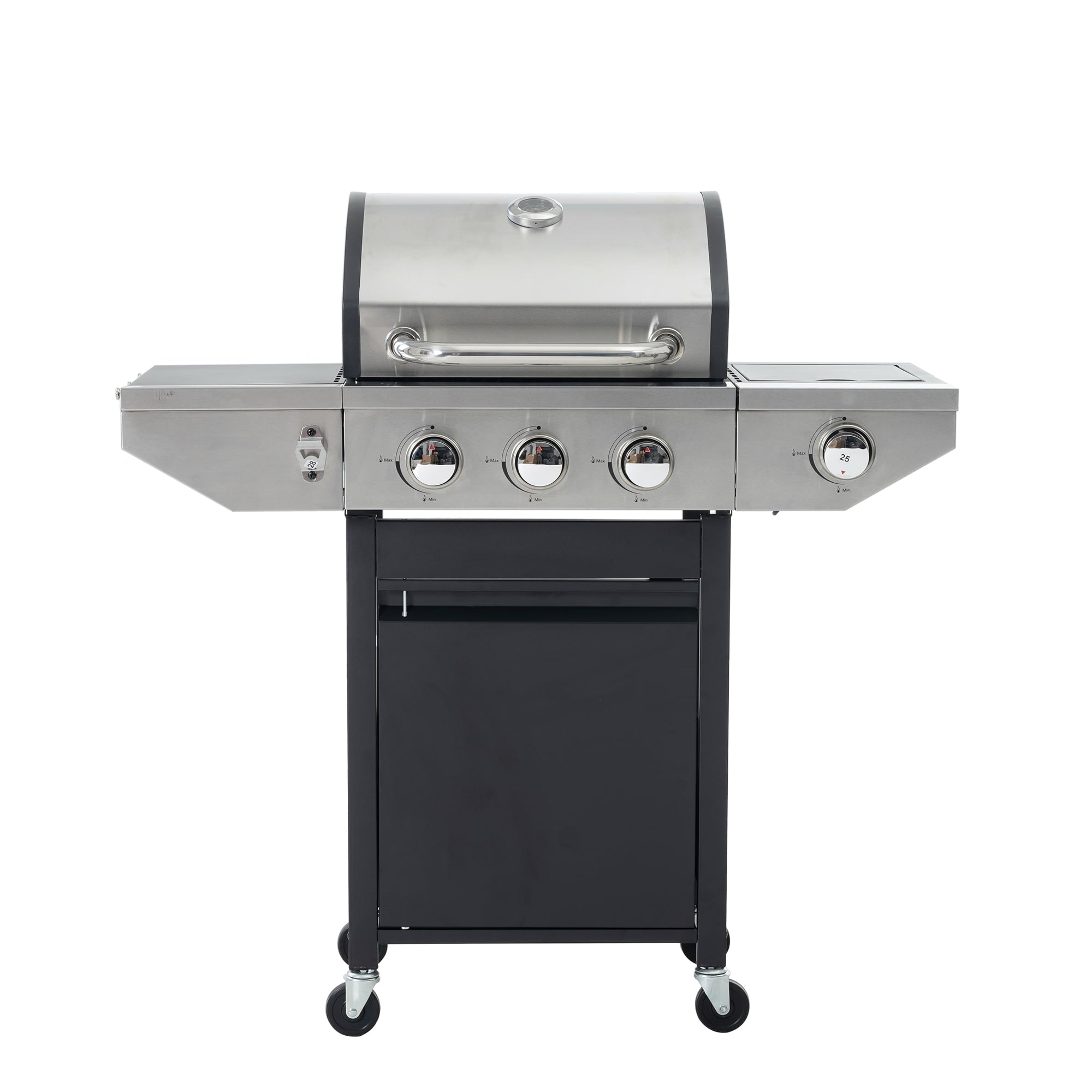 Propane Grill 3 Burner Stainless Steel BBQ Gas Grill with Side Burner, Thermometer, and Even Heating Cast Iron Grates for Outdoor BBQ and Camping wildskeeper