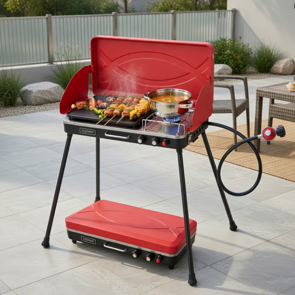 Resenkos Outdoor Barbecues Grill,2-in-1 Gas Camping Grill and Stove with 4 Detachable Legs-Red Resenkos