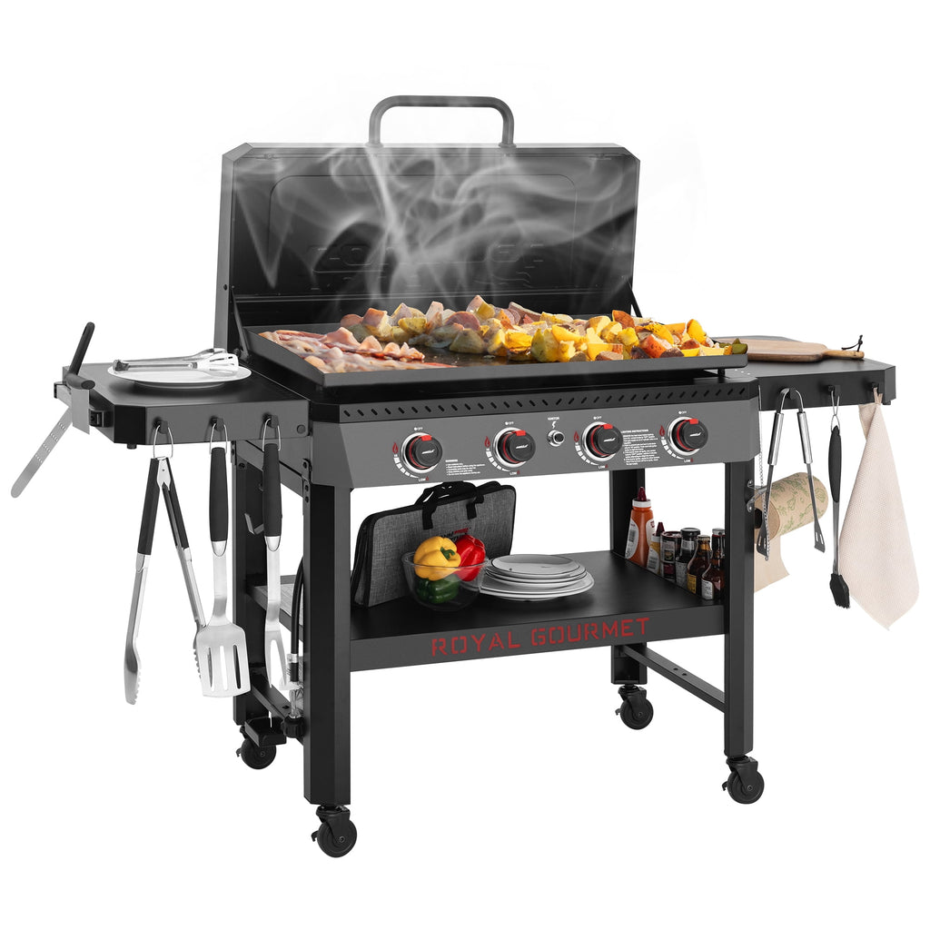 Royal Gourmet GB4005P 34-Inch 4-Burner Gas Griddle with Hood, Griddle with Collapsible Side Shelves and Storage Basket,Black Royal Gourmet
