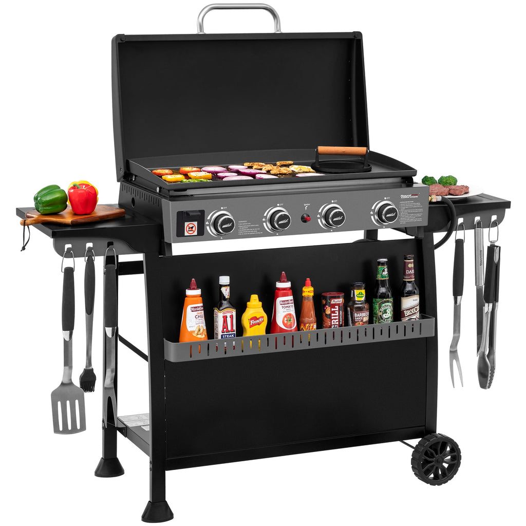 Royal Gourmet PD4001 30-Inch 4-Burner Gas Griddle with Hood, Tabletop Gas Griddle with Removable Standing Cart, Free-Standing Cart with Side Shelves and Hooks Royal Gourmet