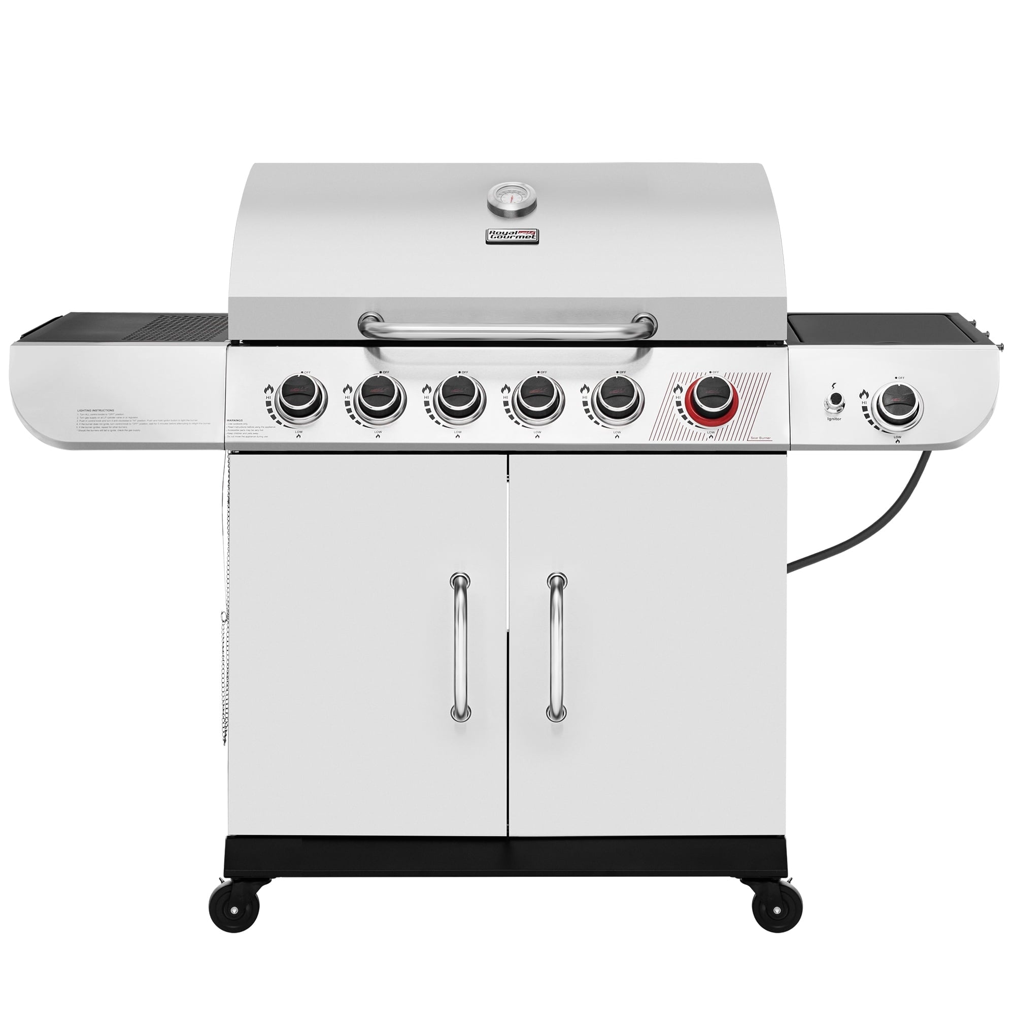 Royal Gourmet SG6002R 6-Burner BBQ Liquid Gas Grill with Sear and Side Burner, 71,000 BTU Cabinet Style Gas Grill, Outdoor Patio Garden Grill, Stainless Steel, Silver Royal Gourmet