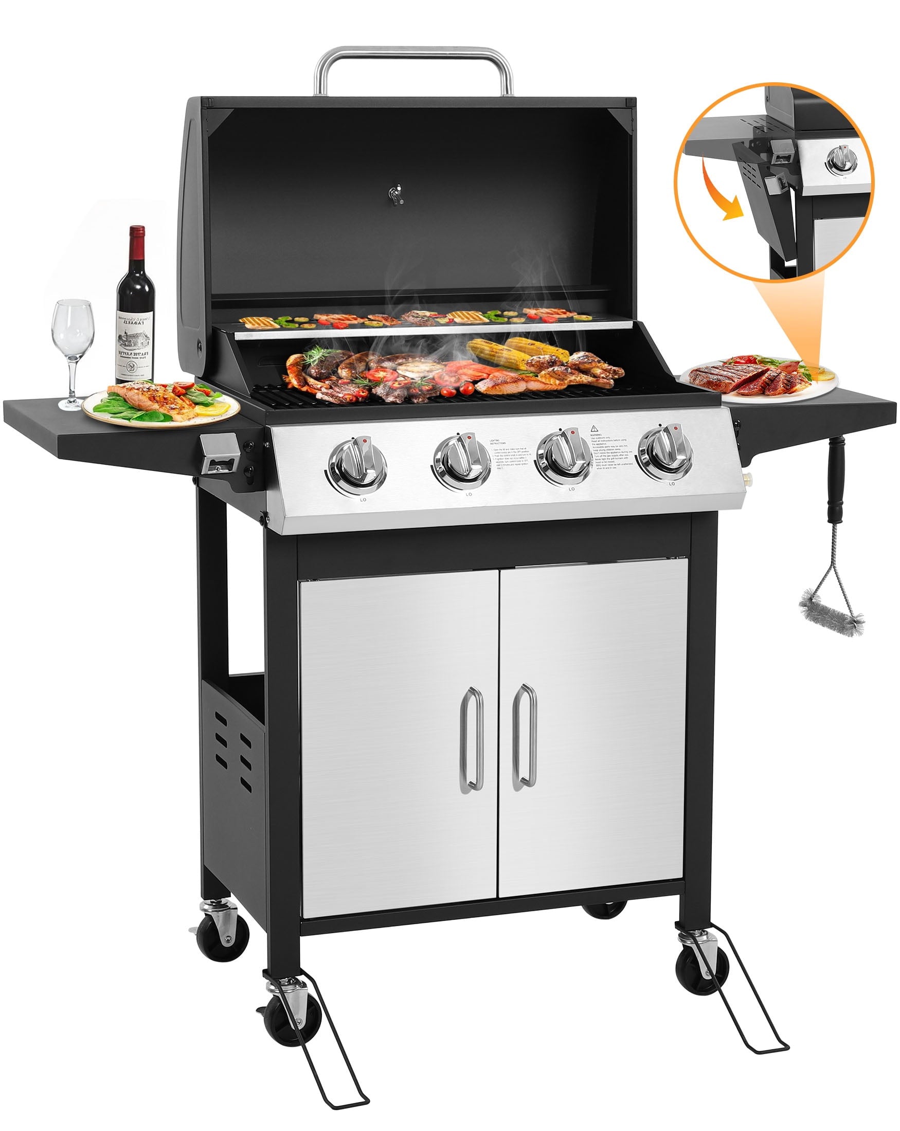 SEGMART 4 Burner BBQ Propane Gas Grill, Stainless Steel 40,000 BTU Patio Garden Barbecue Grill with Side Tables, Cleaning Brush & Thermometer, Perfect for Camping, Outdoor Cooking Gas Grills
