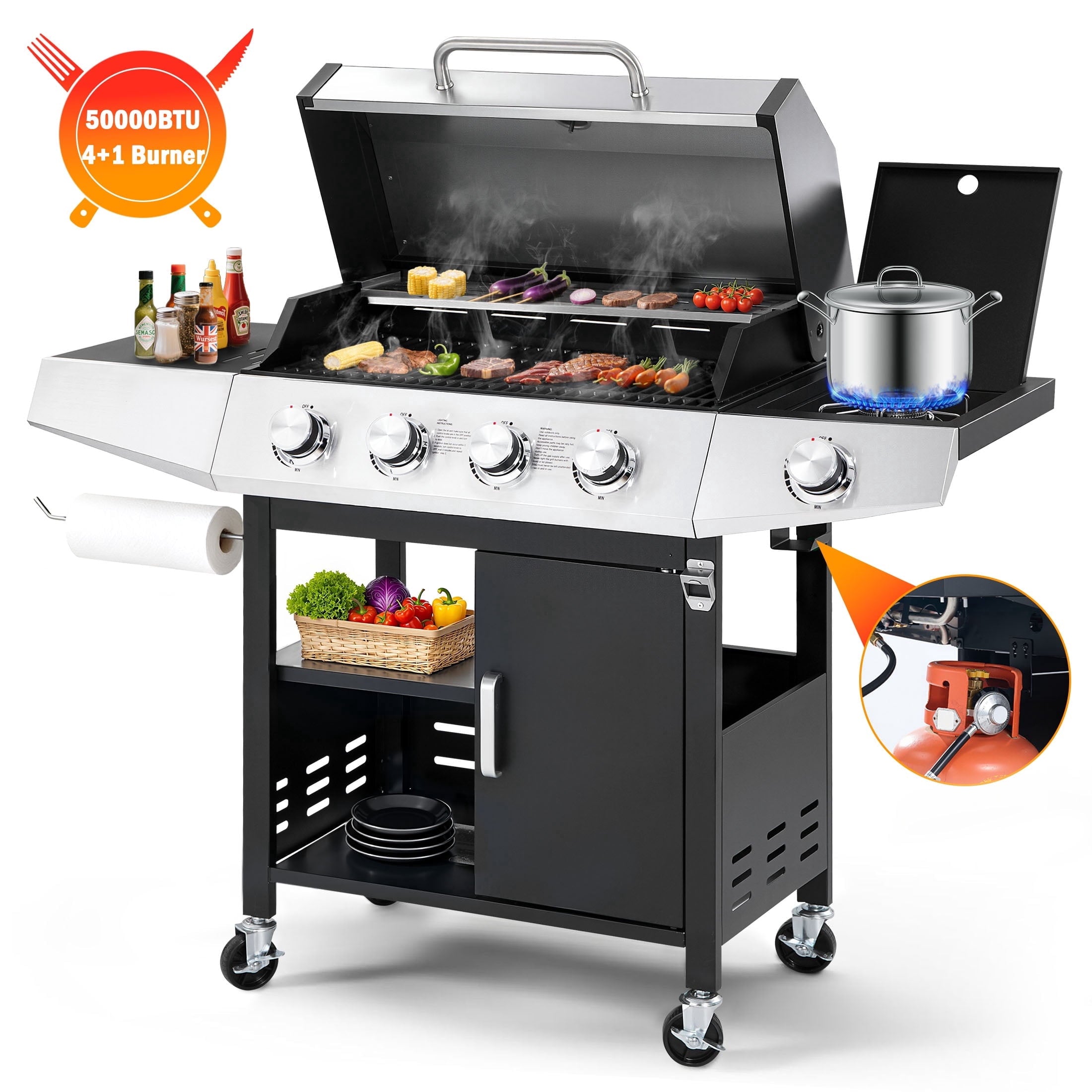 Segmart 4 Burner BBQ Propane Gas Grill with Side Burner, Stainless Steel 50,000 BTU Patio Barbecue Grill with Shelf, Gas Tank Hook, Towel Rack & Bottle Opener, Fits for Camping, Outdoor Cooking Gas Grills