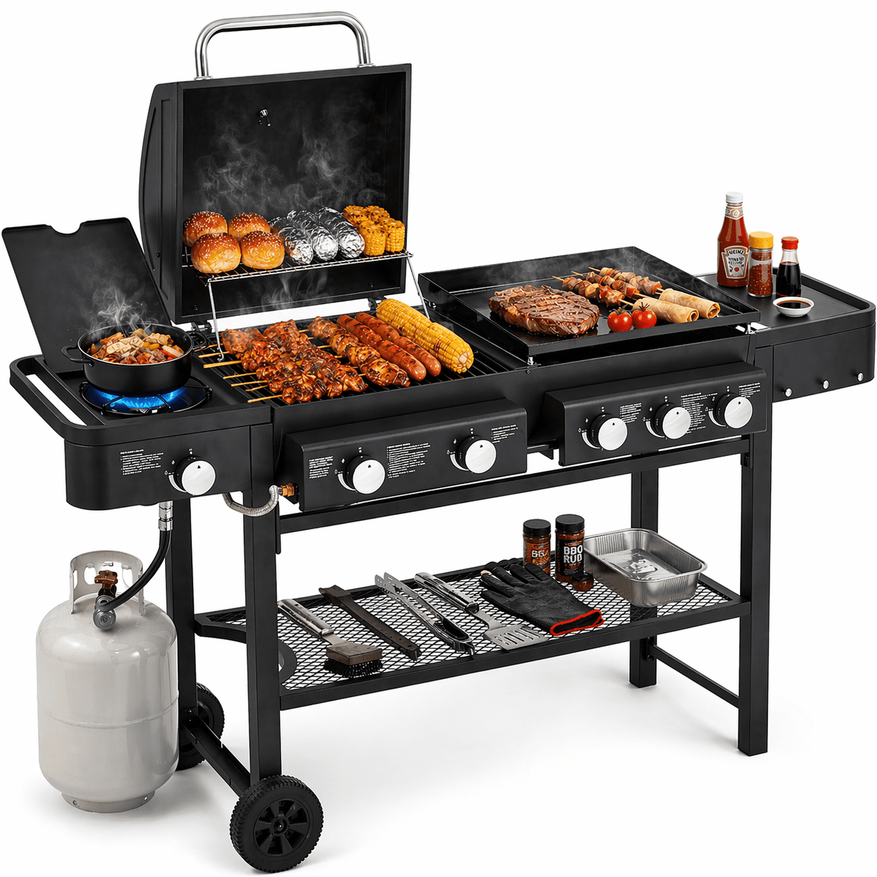 4-Burner BBQ Grill W/Side Burner, 50,000BTU Gas Propane Grill Portable with Storage Cabinet, Heavy-Duty Stainless Steel Outdoor Cooking, with Tank Hook, Towel Rack, Steel Brush Gas Grills