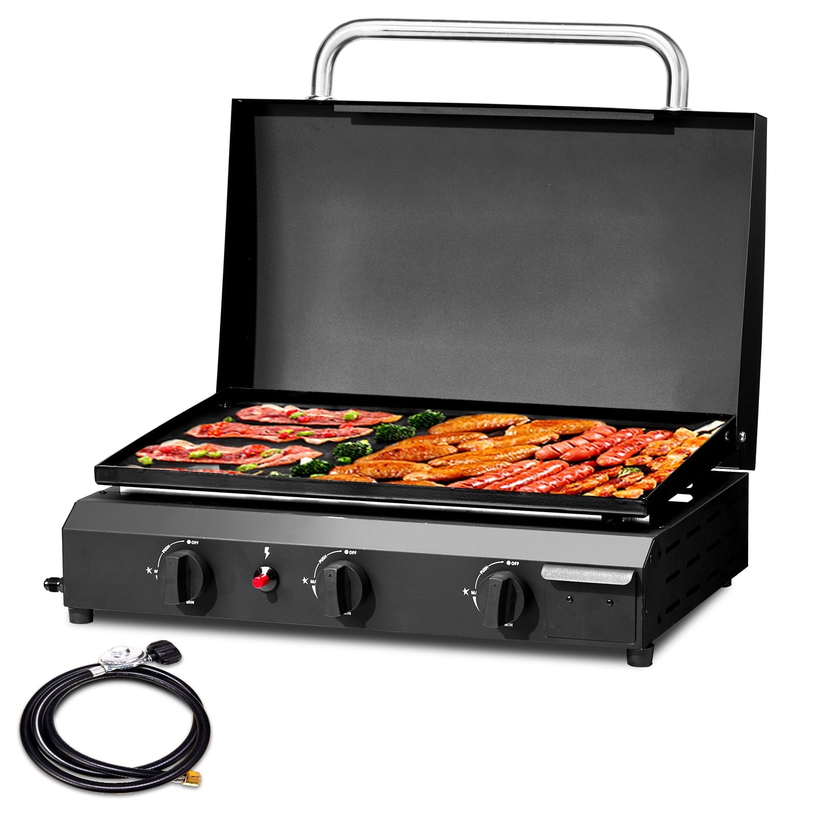 Portable 3-Burner Gas Griddle, 23'' Outdoor Propane Cooking Station, 30,000BTU Flat Top Griddle, Patio Camping BBQ Tabletop Grill with Ceramic Coated Cast Iron Pan Gas Grills
