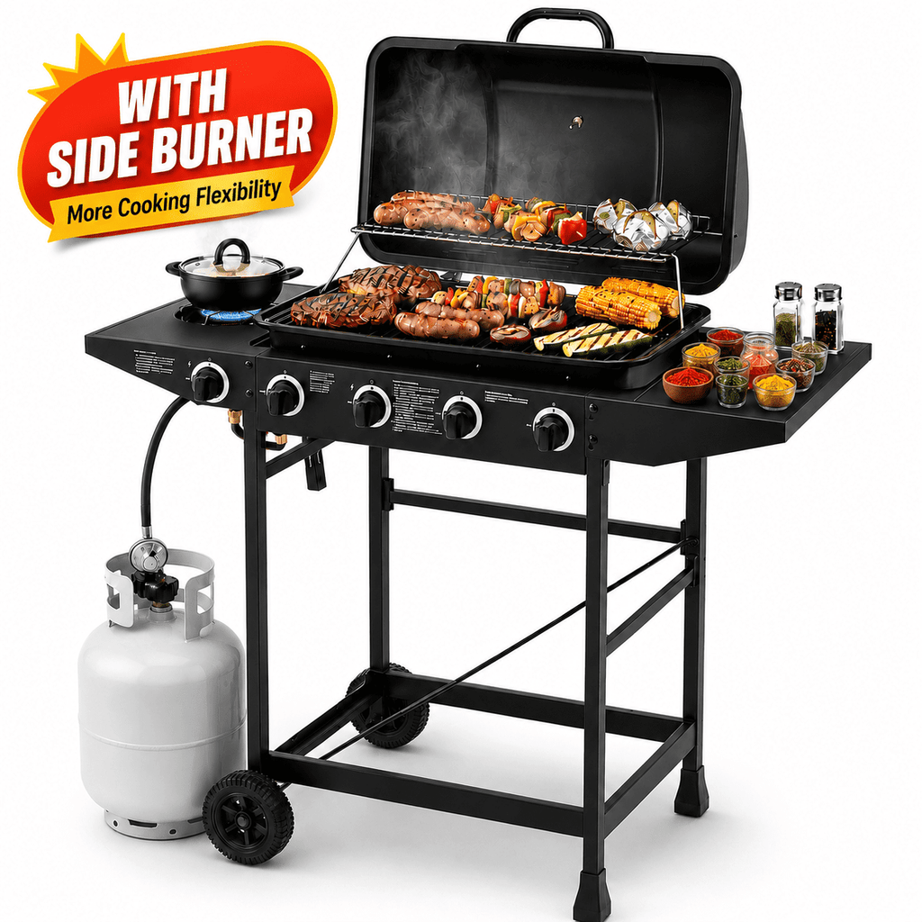 4 Burner Propane Gas Grill with Side Burner, 42000 BTU Stainless Steel BBQ Grill with Cast Iron Grates, 534 Sq In Cooking Area, Outdoor Barbecue Grill with Side Tables for Patio Backyard Cooking Gas Grills