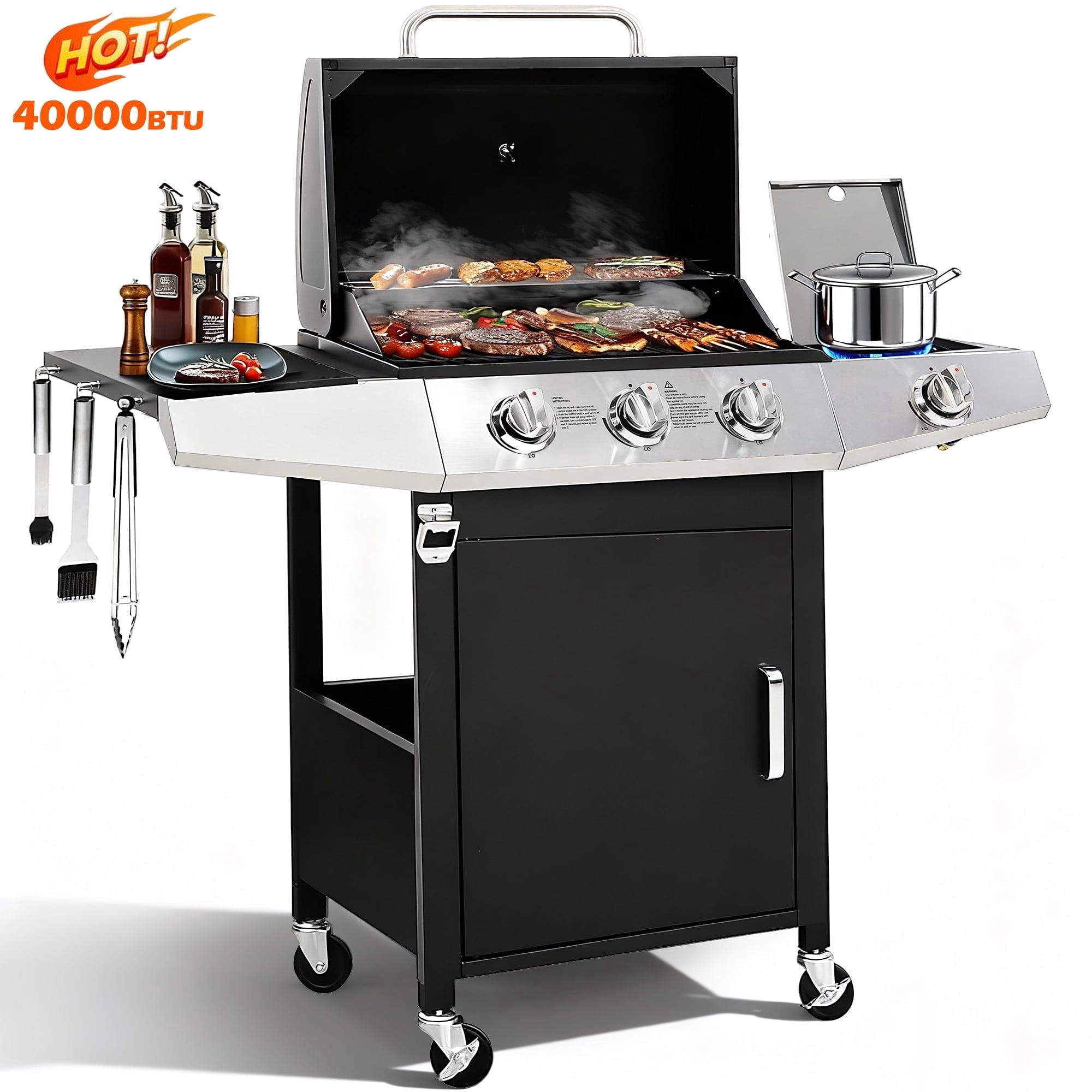 BBQ Grill, Seizeen Gas Grill with Side Burner, 40,000BTU 3-Burner Propane Grill w/Storage Cabinet, Steel Brush, Stainless Steel Camping for Backyard Patio, Portable Design on Wheels Gas Grills