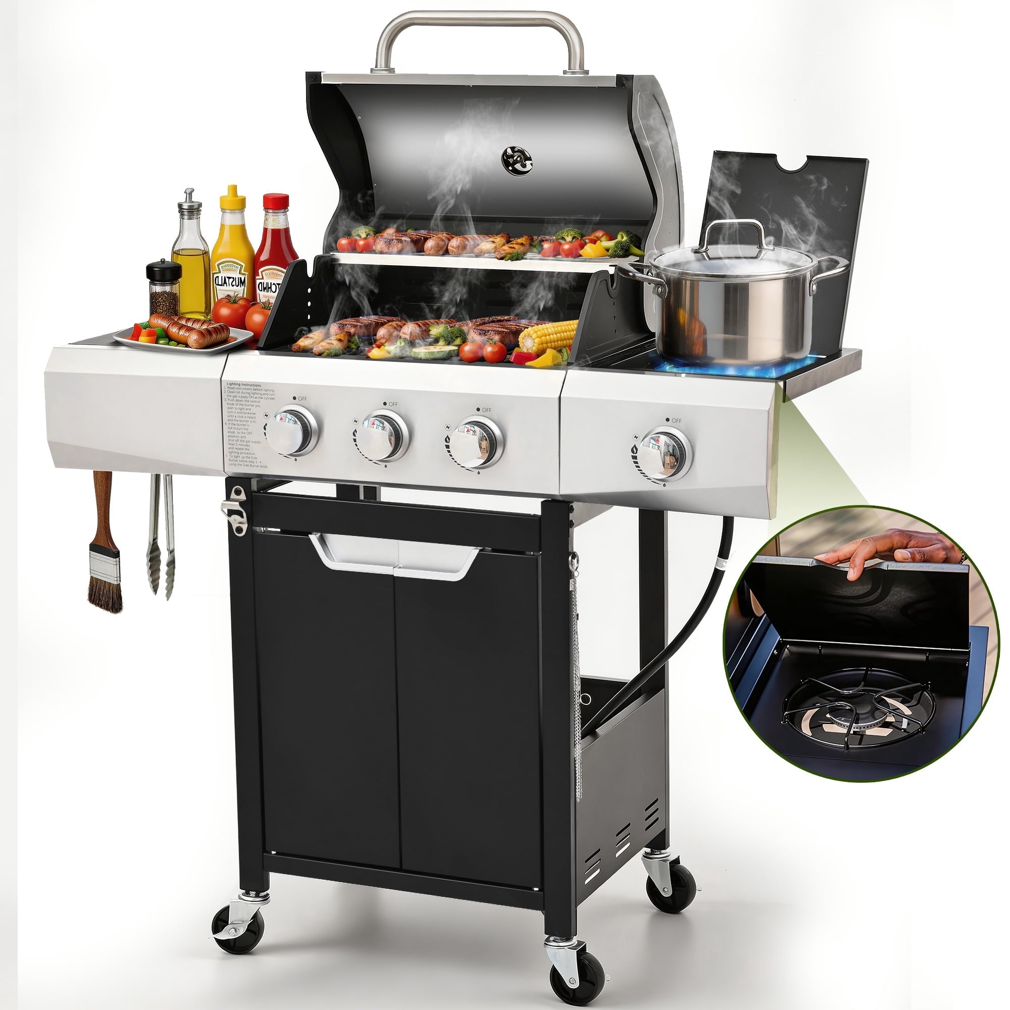 Sesslife 3 Burner Propane Gas Grill, Stainless Steel BBQ Grill with Side Burner, 40500 BTU Portable Outdoor Cooking for Camping, Patio, Backyard, Black Gas Grills