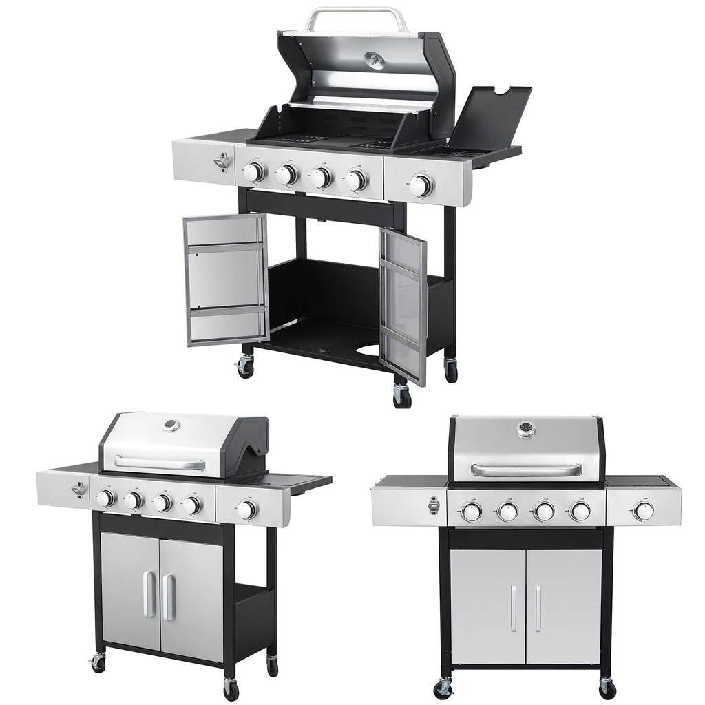 Stainless Steel Portable 4-Burner Propane Gas Grill, 46790BTU Output with bottle opener and 2pcs hooks, Stainless Steel for Outdoor Barbecue HZWDD