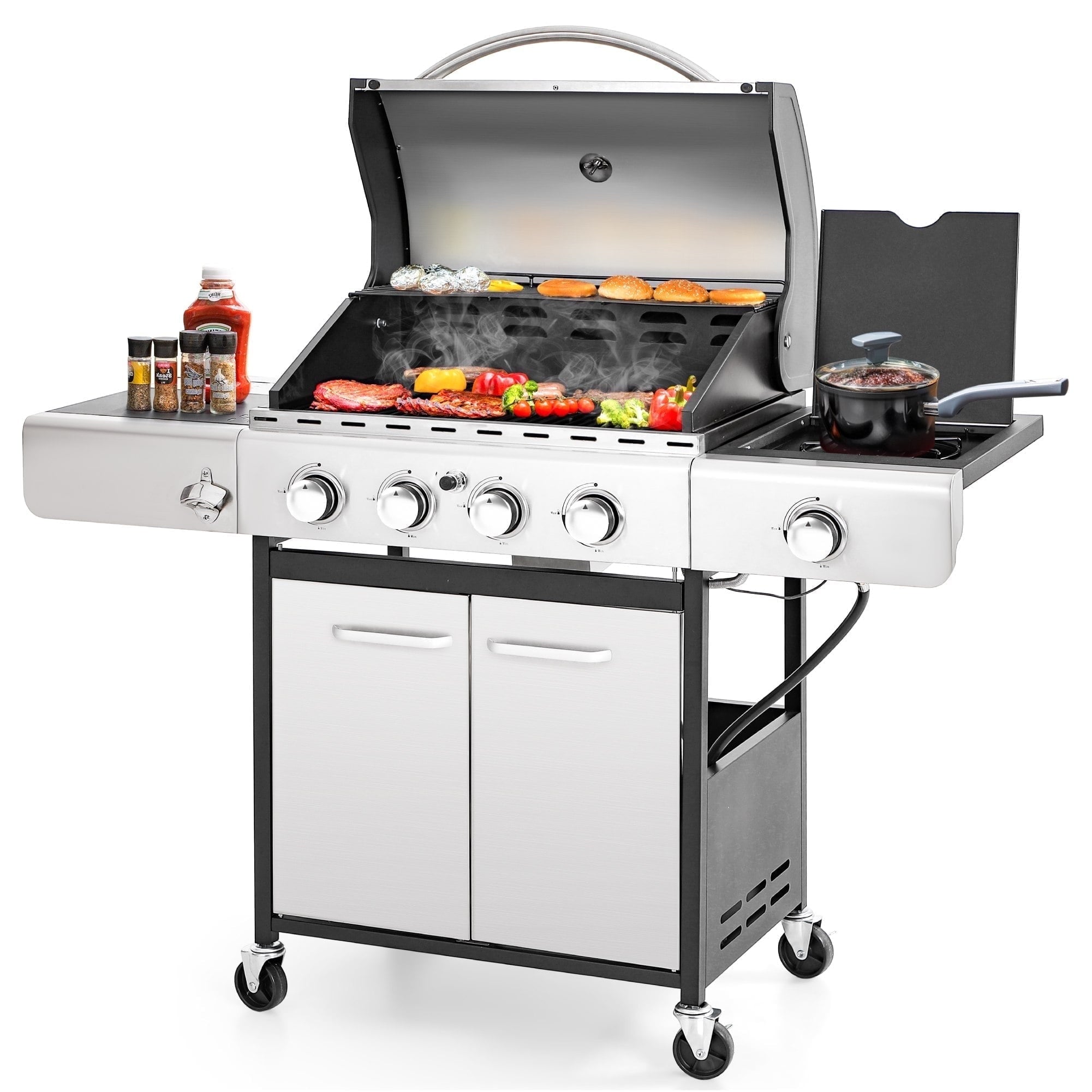 MF Studio 4 Burner Propane Gas Outdoor Grill with Side Burner Stainless Steel BBQ Grill Gas Grills