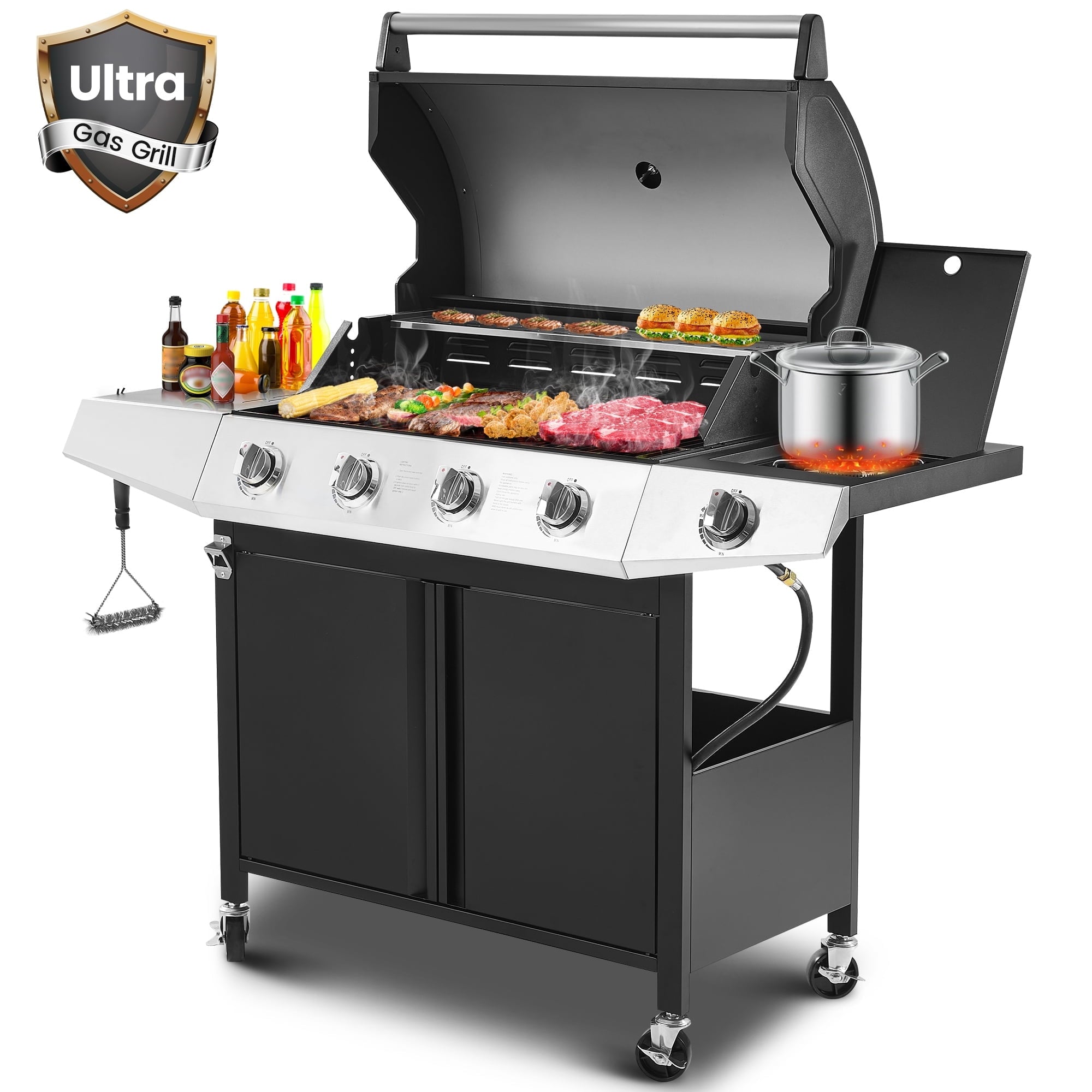 50000 BTU Gas Grills, SYNAGR Propane Grill with 566 sq.in Cooking Area, 5-Burner Stainless Steel BBQ Grill with Side Burner and Thermometer for Outdoor Party, Camping Syngar