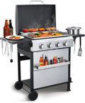 Updated 4 Burner Propane Gas Grill with Lid & Foldable Side Tables, 49200 BTU Outdoor BBQ Grill for Backyard - Stainless Steel Plancha & Cast Iron Cooking Grids Combo Unbranded