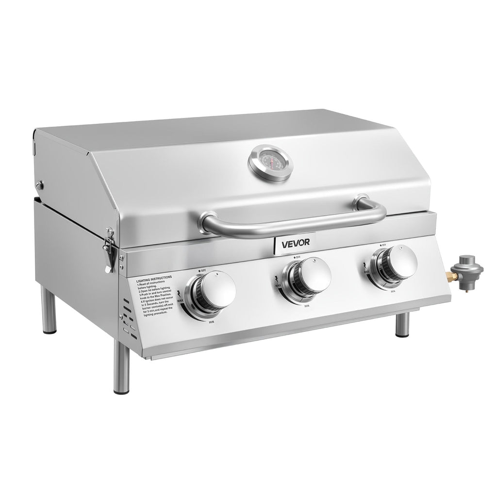 VEVOR Tabletop Gas Grill, 3-Burner Stainless Steel Portable Propane Grill, with Built-in Thermometer, Travel Locks, Weatherproof Lid, 22,500 BTU Total, for Outdoor Cooking,Patio,Party,Camping,RV VEVOR