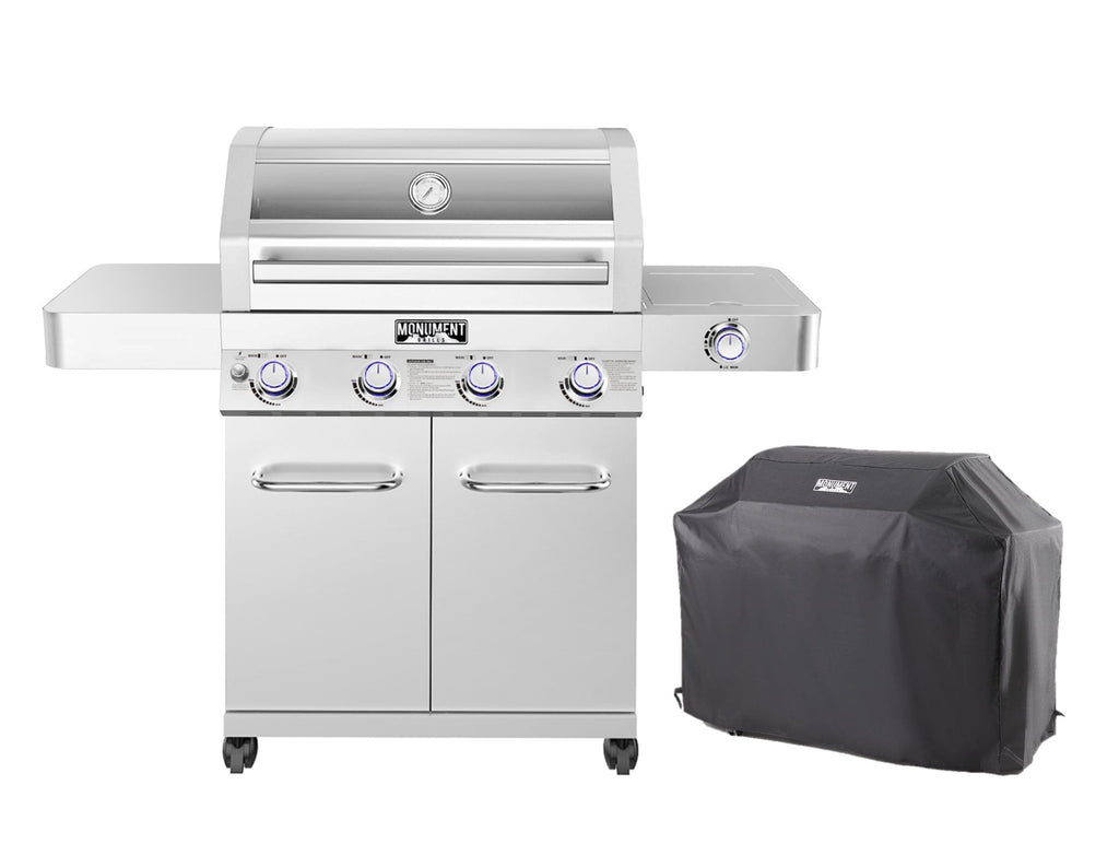 Monument Grills 4-Burner Natural Gas Grill in Stainless with Clear View Lid, LED Controls, Grill Cover, and Side Burner Monument Grills