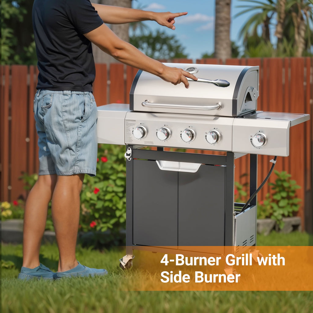 Gas Grill, Enyopro Propane Gas Grill, 4 Burner Stainless Steel BBQ Grill with Side Burner and Cover, 4 Universal Wheels for Outdoor Patio Garden Gas Grills