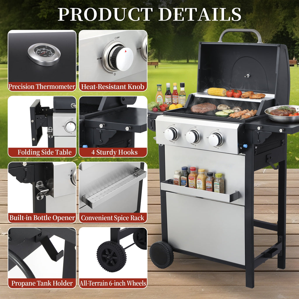 CIG GARDEN 3-Burner Propane Gas Grill with Folding Side Tables, Full-Size Grease Tray, and Removable Grease Cup CIG GARDEN