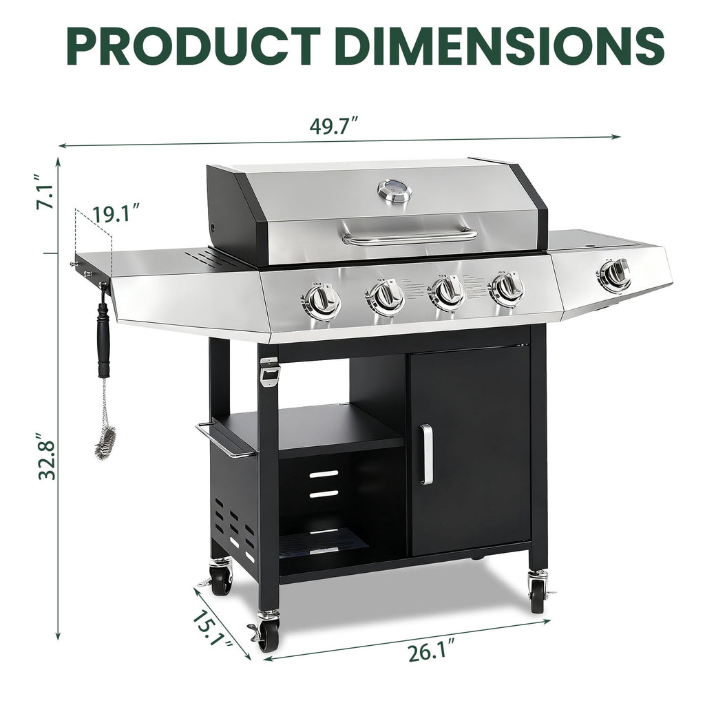 4-Burner BBQ Grill W/Side Burner, 50,000BTU Gas Propane Grill Portable with Storage Cabinet, Heavy-Duty Stainless Steel Outdoor Cooking, with Tank Hook, Towel Rack, Steel Brush Gas Grills