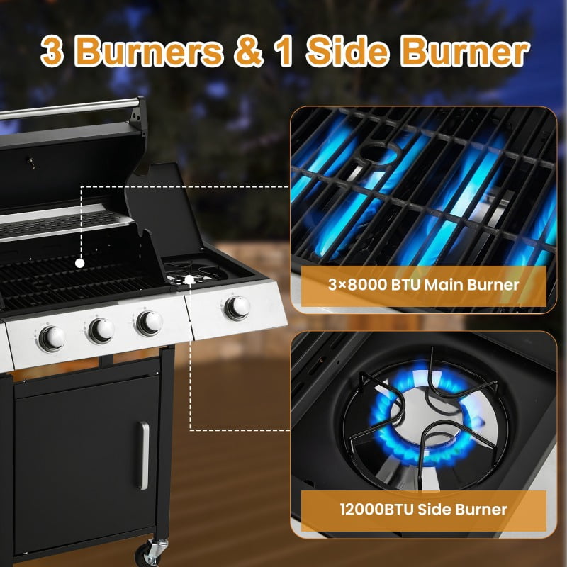 43.3x43.3 Large Cooking Area 3-Burner Grill - Side Burner, Cast Iron Grates, 36, 000 BTU Output, Lockable Wheels, Black Camping Grill for Outdoor Barbeque U-HOMY