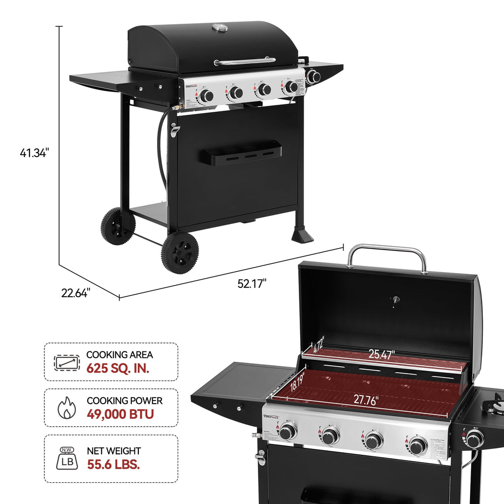Royal Gourmet GH4001H 4-Burner Gas Grill with Side Burner, Cart Style with Front Board, for Outdoor, Patio, Backyard and Balcony, Black Royal Gourmet