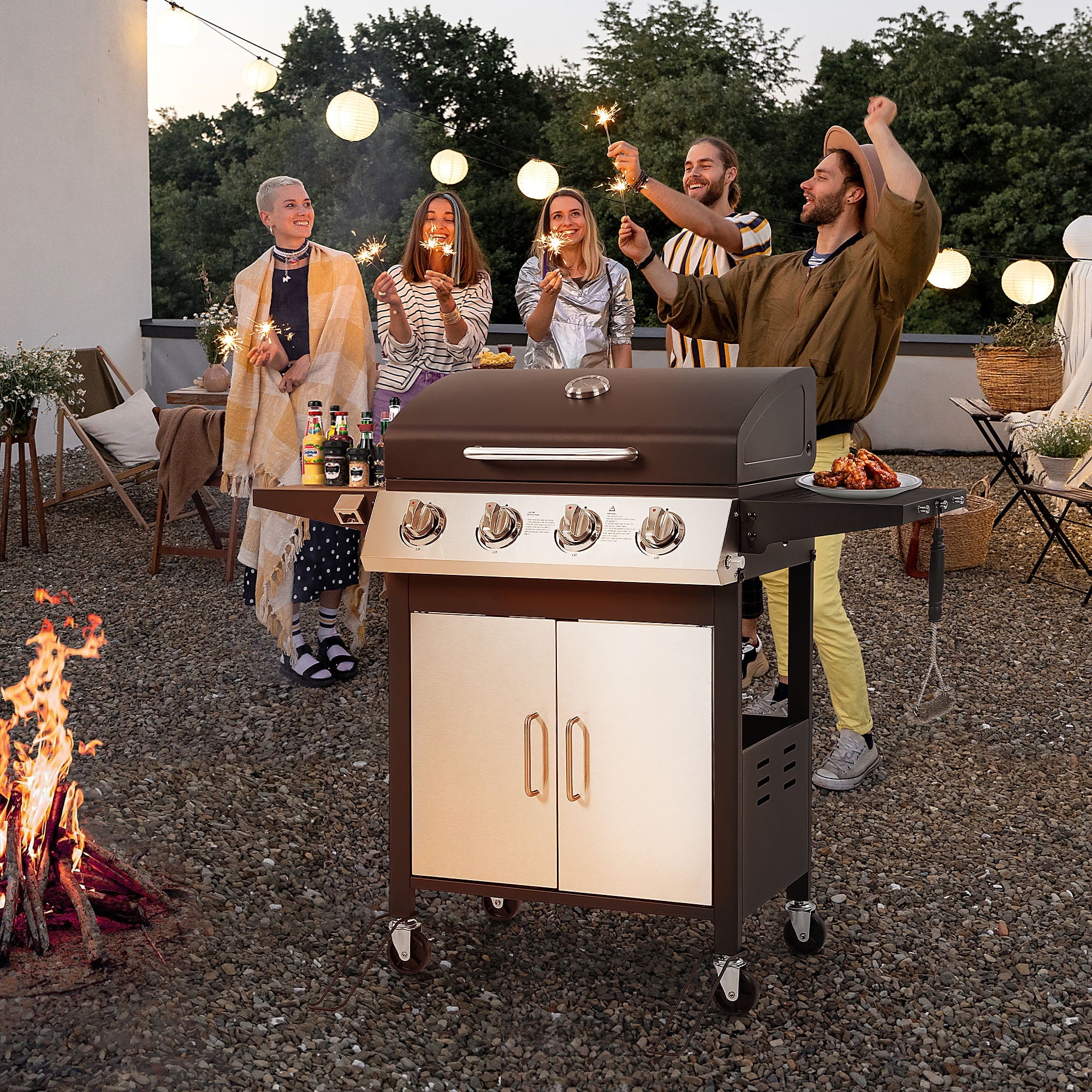 4-Burner Gas Grill with 4 Universal Wheels & Bottle Opener, 40000BTU Outdoor Grill with Side Table for Camping, Black & Sliver Gas Grills