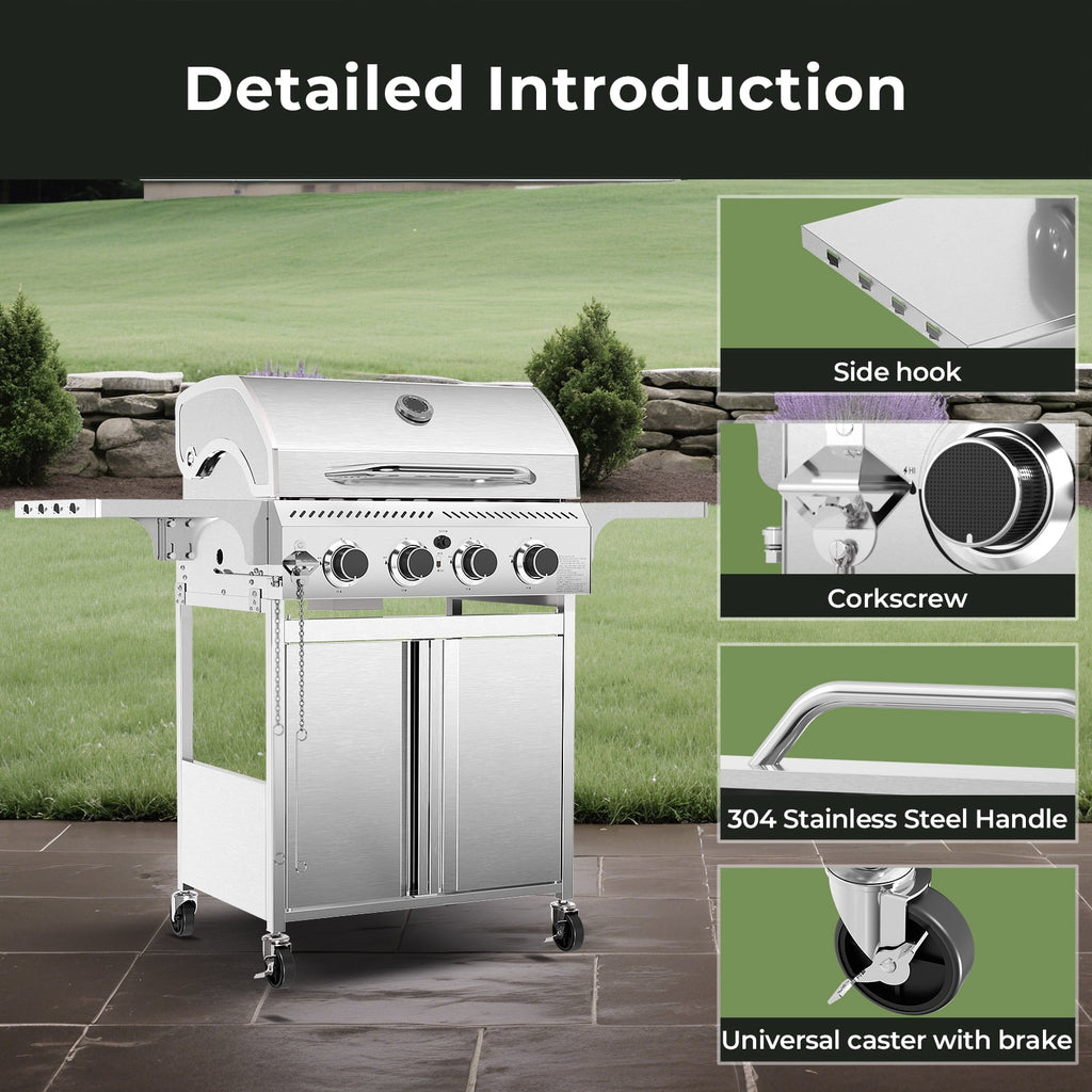 WAA 4-Burner BBQ Propane Gas Grill,32000 BTU Outside Stainless Steel Barbecue Propane Grill,Ideal for Outdoor Cooking Camping Park Balcony WAA