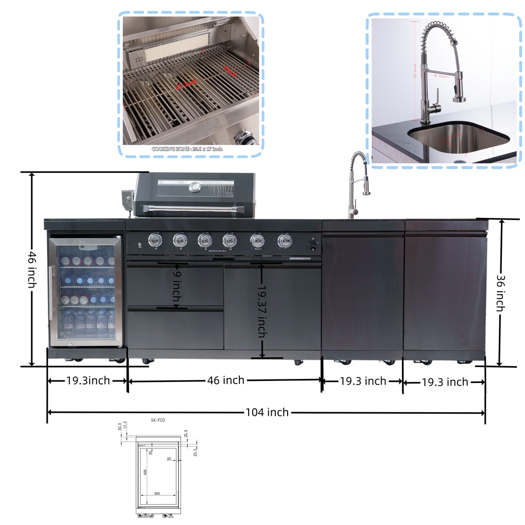 AirWire 104 Deluxe Outdoor Kitchen Island: 4-Burner 85,000 BTU 304 Stainless Steel Gas Grill with Sink, Wine Cooler Refrigerator, Granite Countertop & Rotisserie Kit HomeMindful