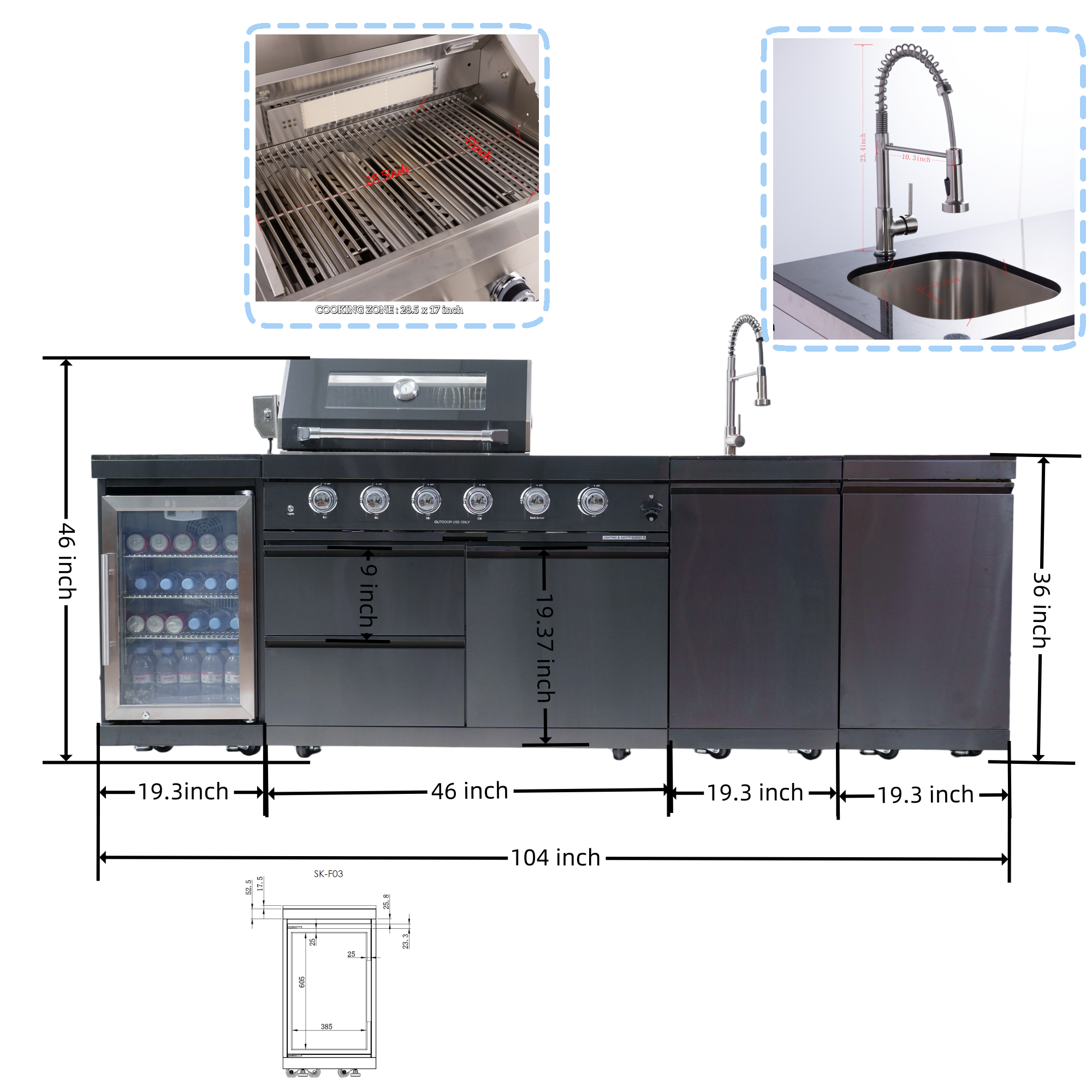 AirWire 104 Deluxe Outdoor Kitchen Island: 4-Burner 85,000 BTU 304 Stainless Steel Gas Grill with Sink, Wine Cooler Refrigerator, Granite Countertop & Rotisserie Kit HomeMindful
