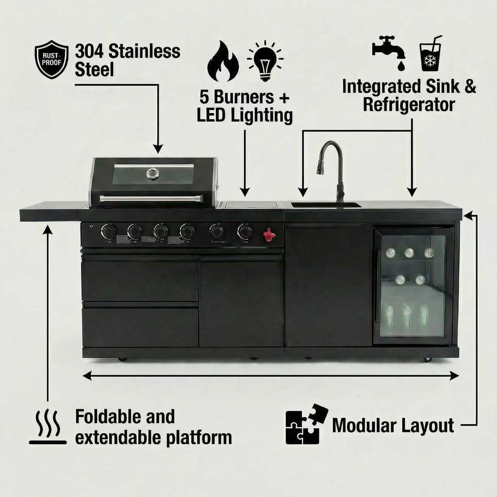 84 Deluxe Outdoor Kitchen Island with 6-Burner Gas Grill (75300 BTU), Premium SS304 Stainless Steel BBQ Station, Black Galaxy Granite Countertop, Dual-Zone Refrigerator, Sink, Rotisserie Kit & Cover HomeMindful