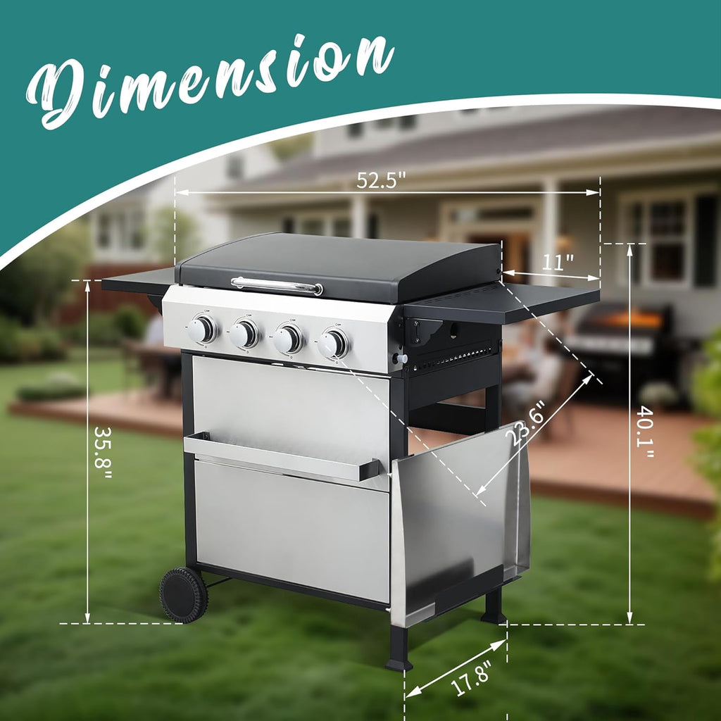 Updated 4 Burner Propane Gas Grill with Lid & Foldable Side Tables, 49200 BTU Outdoor BBQ Grill for Backyard - Stainless Steel Plancha & Cast Iron Cooking Grids Combo Unbranded