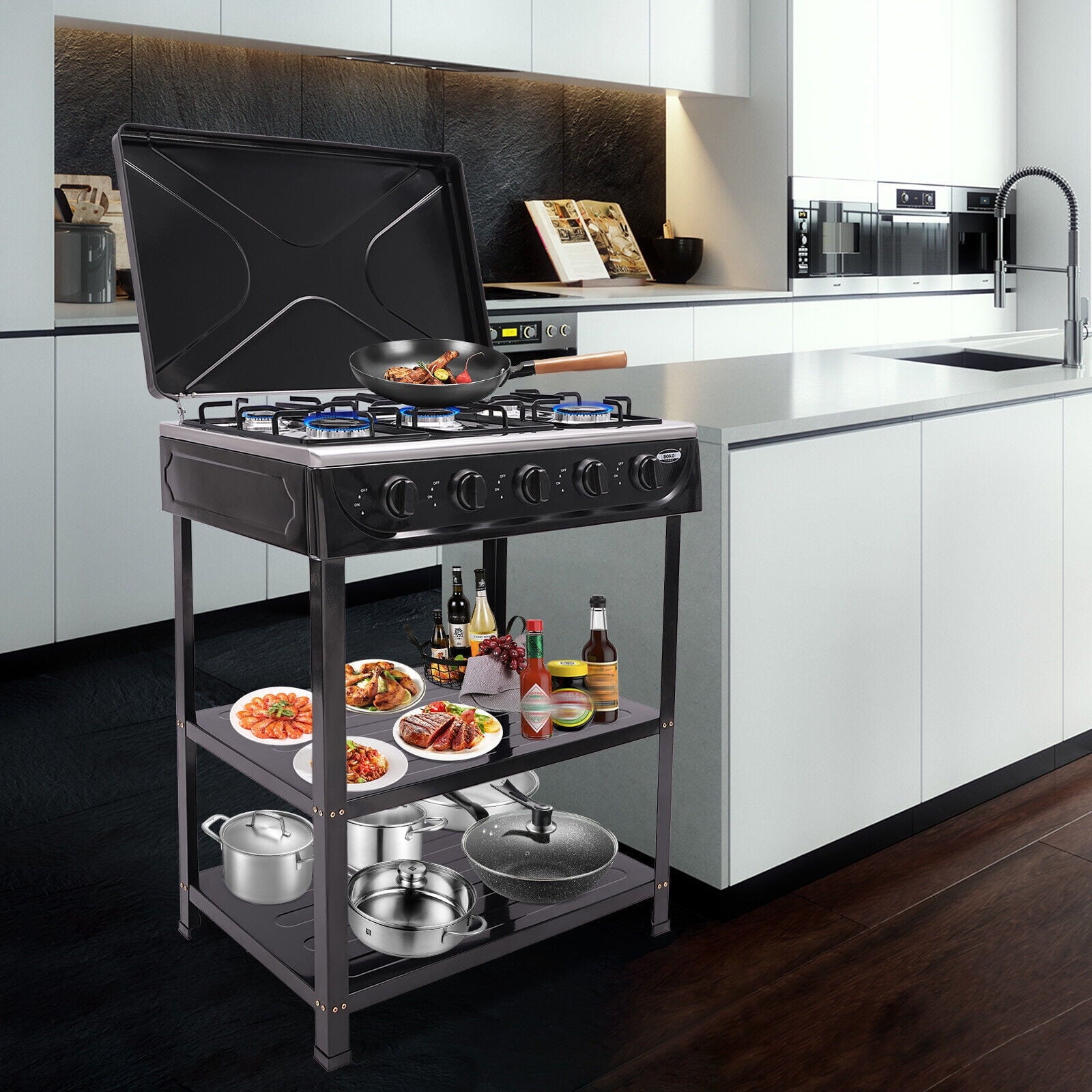 5-Burner Gas Stove Outdoor Camping Cooking BBQ Grill with 2-Tier Storage Rack Unbranded