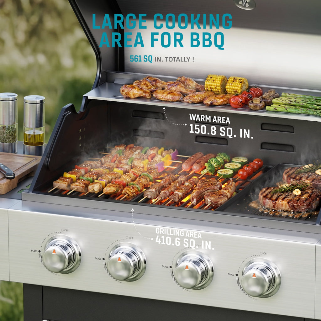 Biotree 4 Burner Gas Grill with Side Burner, 50800 BTU Barbecue Grill Propane Stainless Steel BBQ Grill with Porcelain-Enameled Cast Iron Grates for Outdoor Cooking Gas Grills