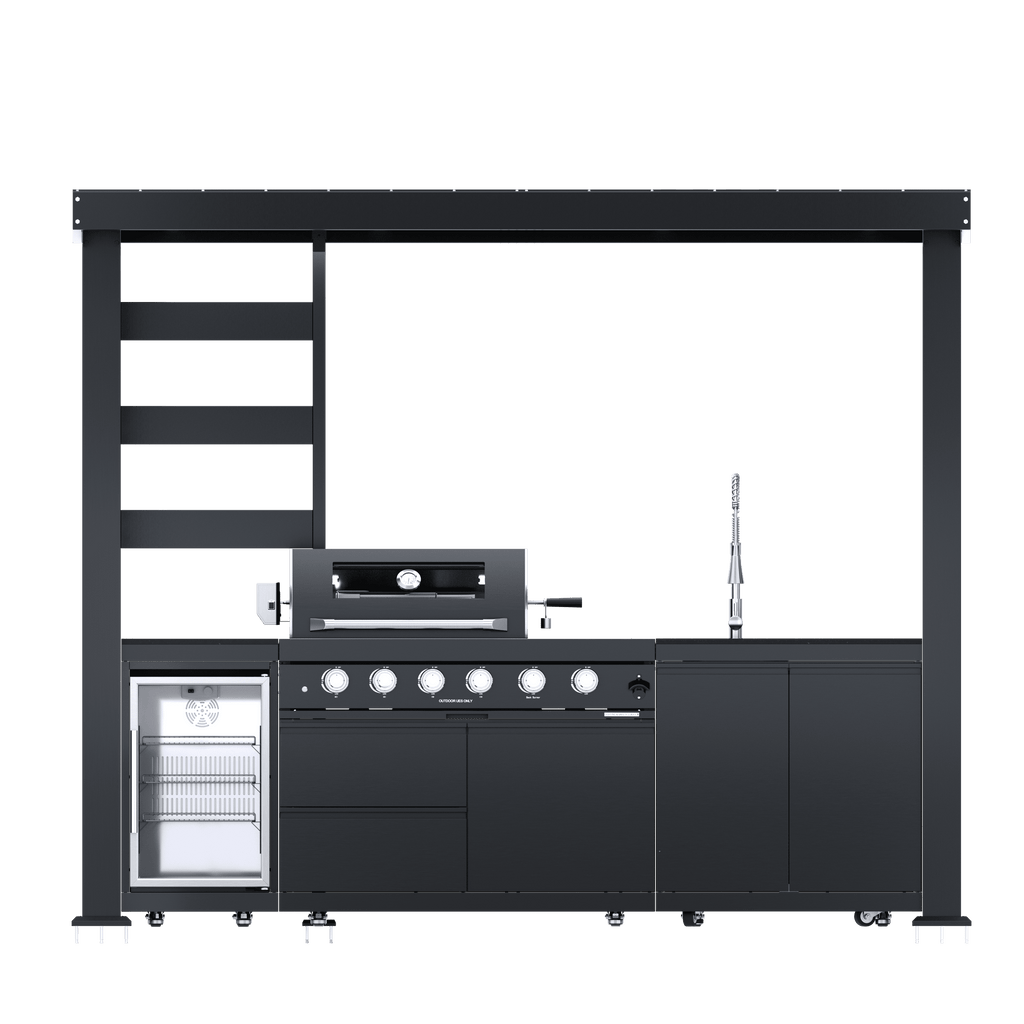 110-Inch 4-Burner 72000 BTU Deluxe Stainless Steel Propane Gas Outdoor Kitchen Bar Barbecue Island Grill Wine Cooler Compact+Refrigerator+Rotisserie+Granite Countertops+Storage Cabinets & Drawers HomeMindful