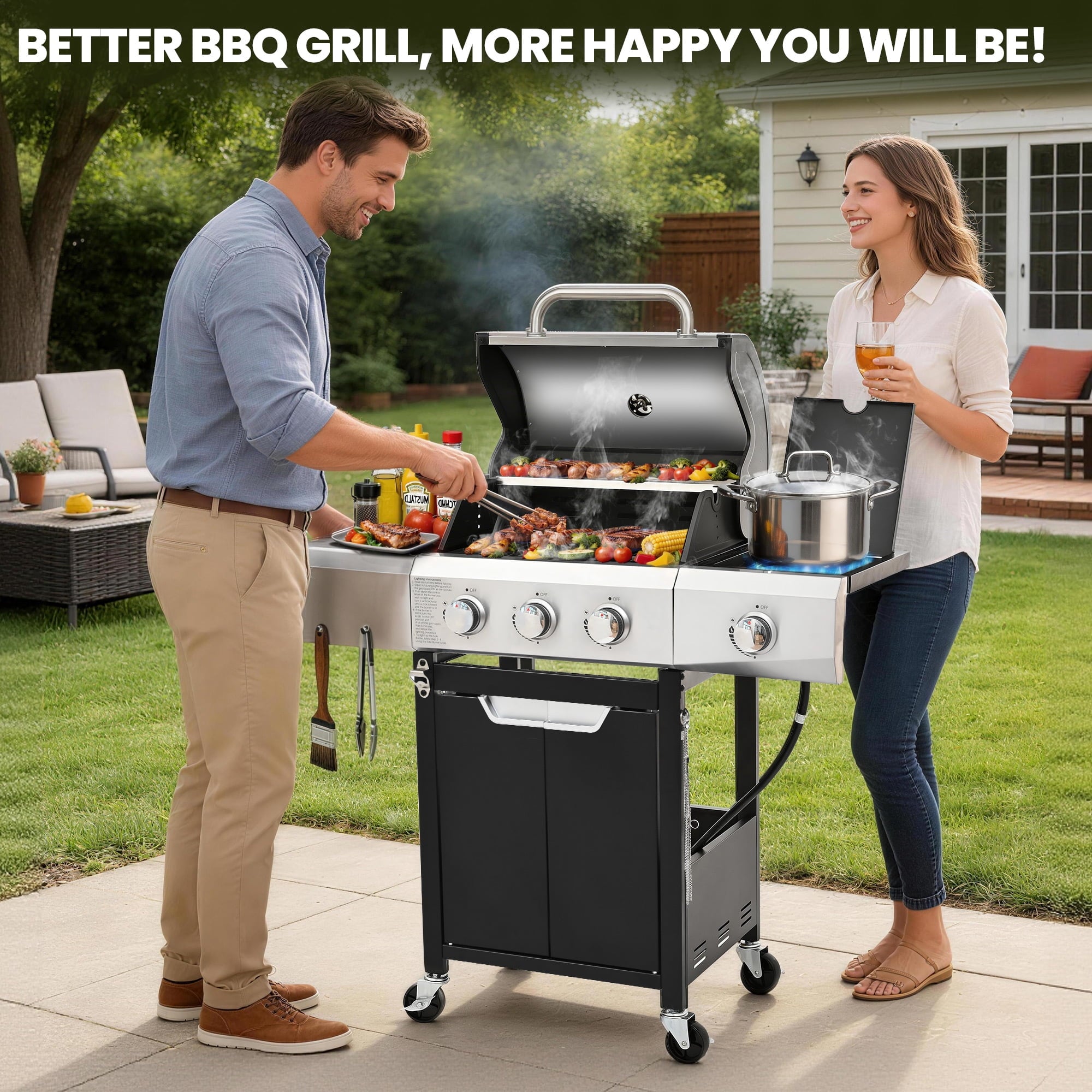 Sesslife 3 Burner Propane Gas Grill, Stainless Steel BBQ Grill with Side Burner, 40500 BTU Portable Outdoor Cooking for Camping, Patio, Backyard, Black Gas Grills