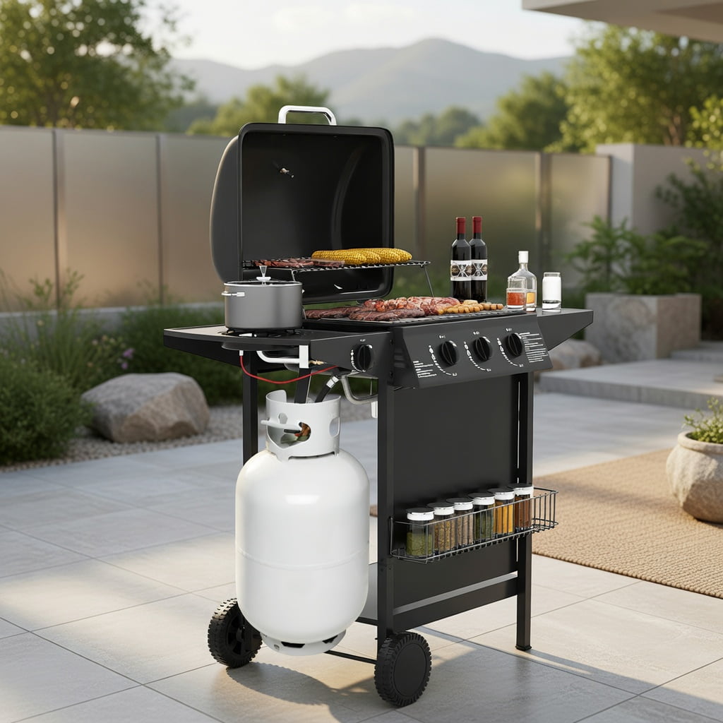 39,000 BTU Heavy-Duty Propane Gas Grill Wheels Black Stainless Steel Outdoor BBQ Grill for Patio & Backyard Kadyn