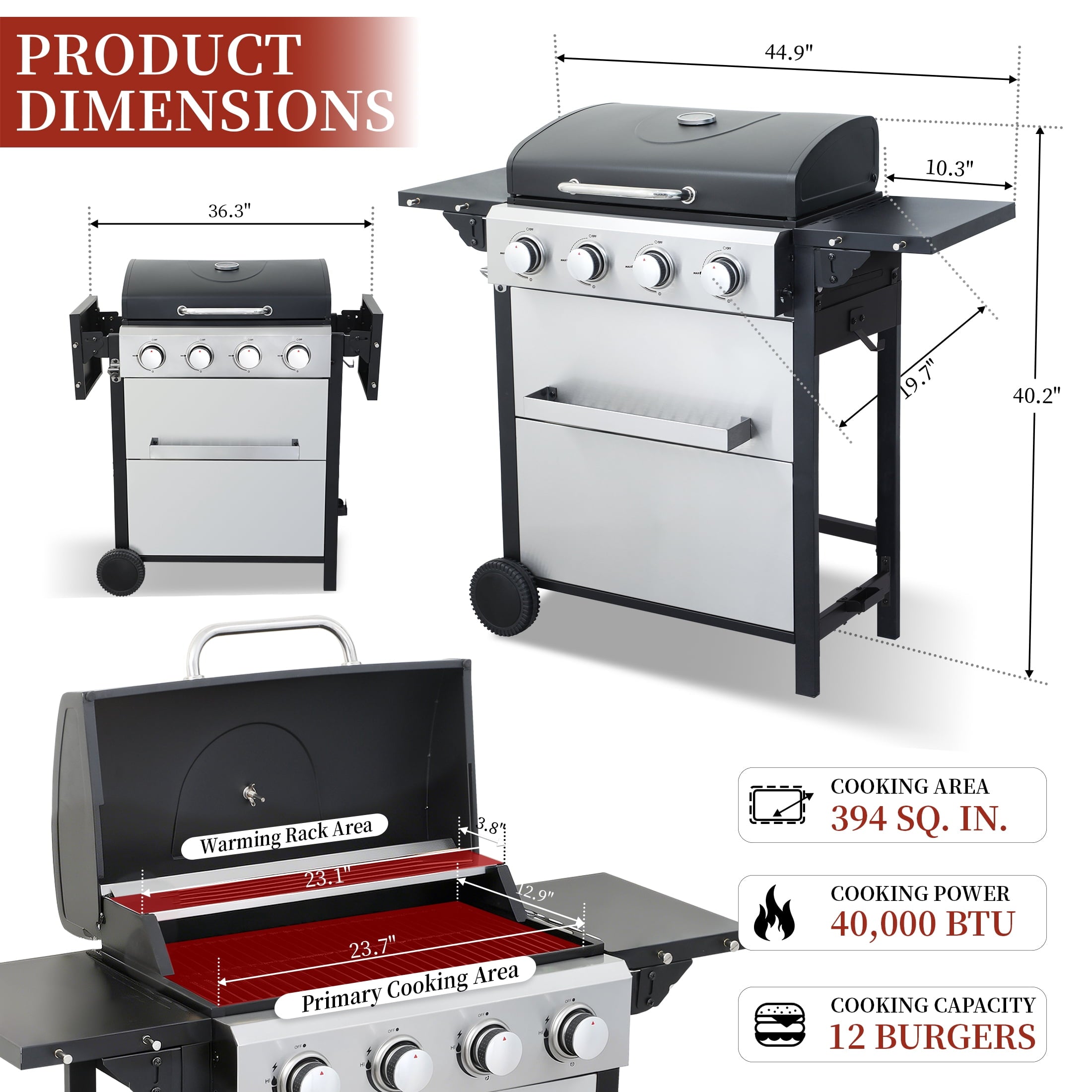 CIG GARDEN 4-Burner Propane Gas Grill with Folding Side Tables, Full-Size Grease Tray, and Removable Grease Cup CIG GARDEN