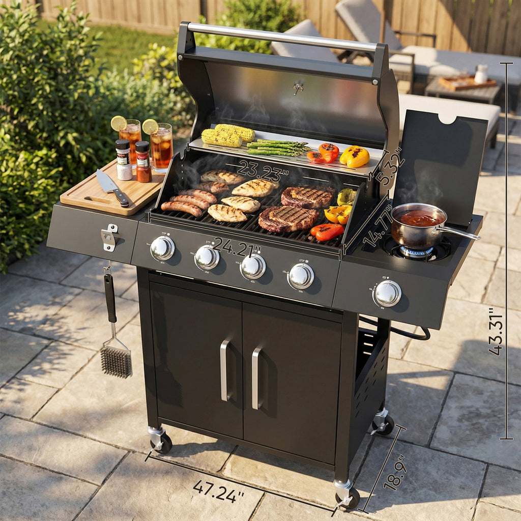 TABU 4-Burner Propane Gas Grill with Side Burner, 58,000 BTU Propane BBQ Grill with Storage Cabinet, Ideal for Outdoor Cooking TABU
