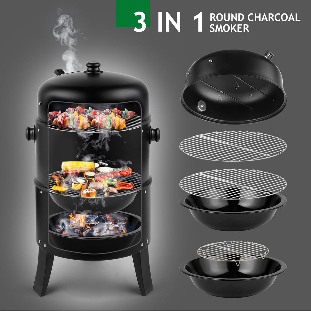 Debonair 3-in-1 Vertical Charcoal Smoker Portable BBQ Smoker Grill with Detachable 2 Layer Debonair