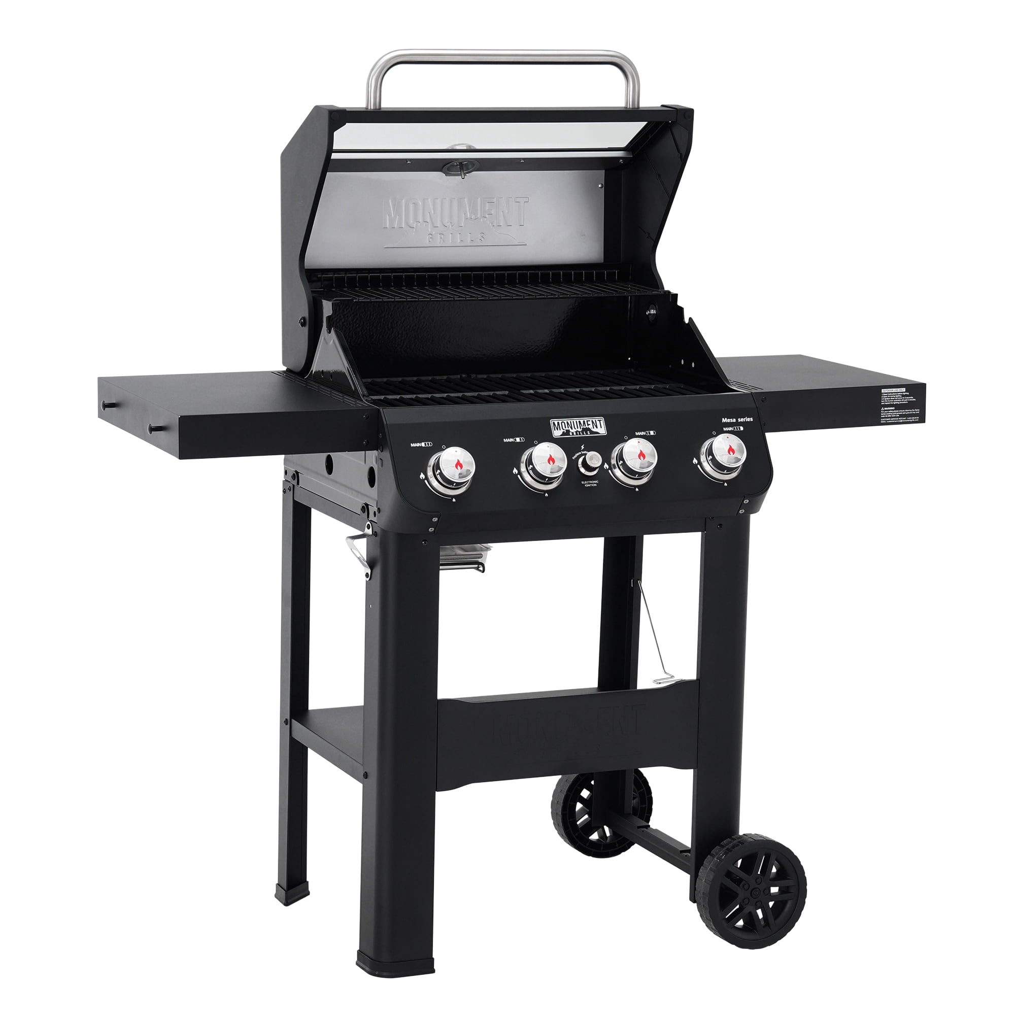 Monument Grills 4-Burner Liquid Propane Gas Grill, 38,000 BTU Stainless Steel Outdoor Barbecue Grill, Clearview Lid, Foldable Side Shelf, Easy Cleanup, M420MF Gas Grills