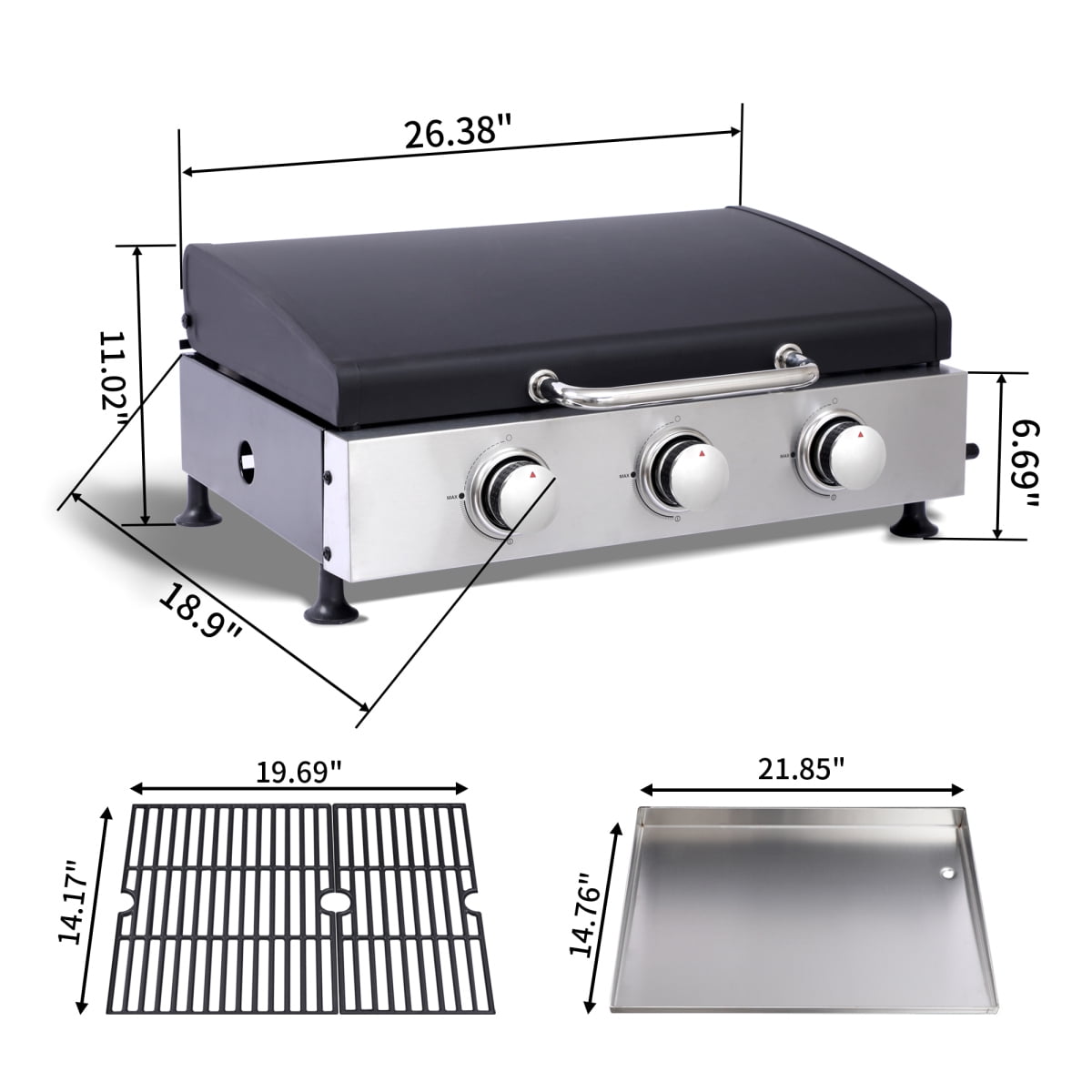 3 Burner Gas Grill - 28,650 BTU High-Powered, Stainless Steel with High-Temperature Enamel Coating, Multi-Function Teppanyaki & Grill, Cast Iron Grates, Pull-Out Oil Pan with Cups, Safe Ignition GORTES