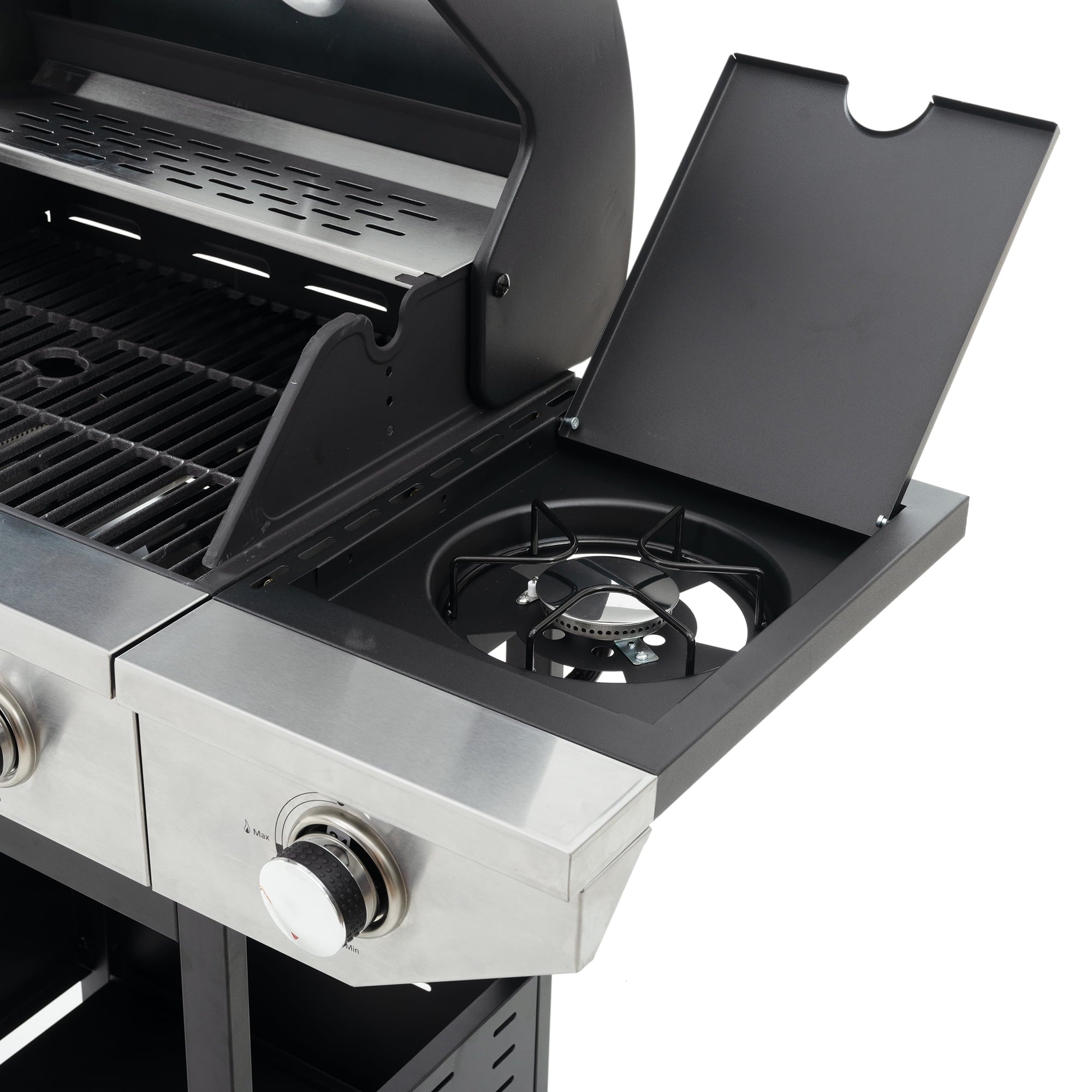 Propane Grill 3 Burner Stainless Steel BBQ Gas Grill with Side Burner, Thermometer, and Even Heating Cast Iron Grates for Outdoor BBQ and Camping wildskeeper