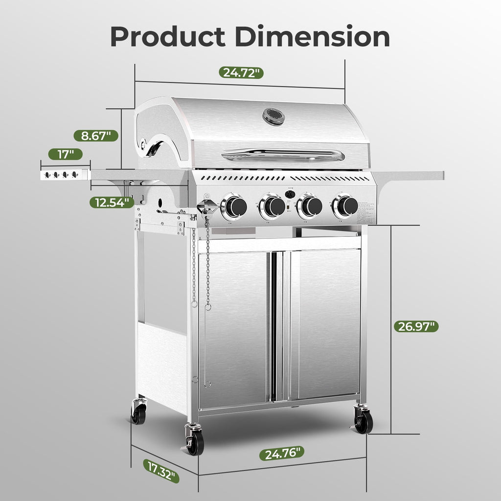 WAA 4-Burner BBQ Propane Gas Grill,32000 BTU Outside Stainless Steel Barbecue Propane Grill,Ideal for Outdoor Cooking Camping Park Balcony WAA